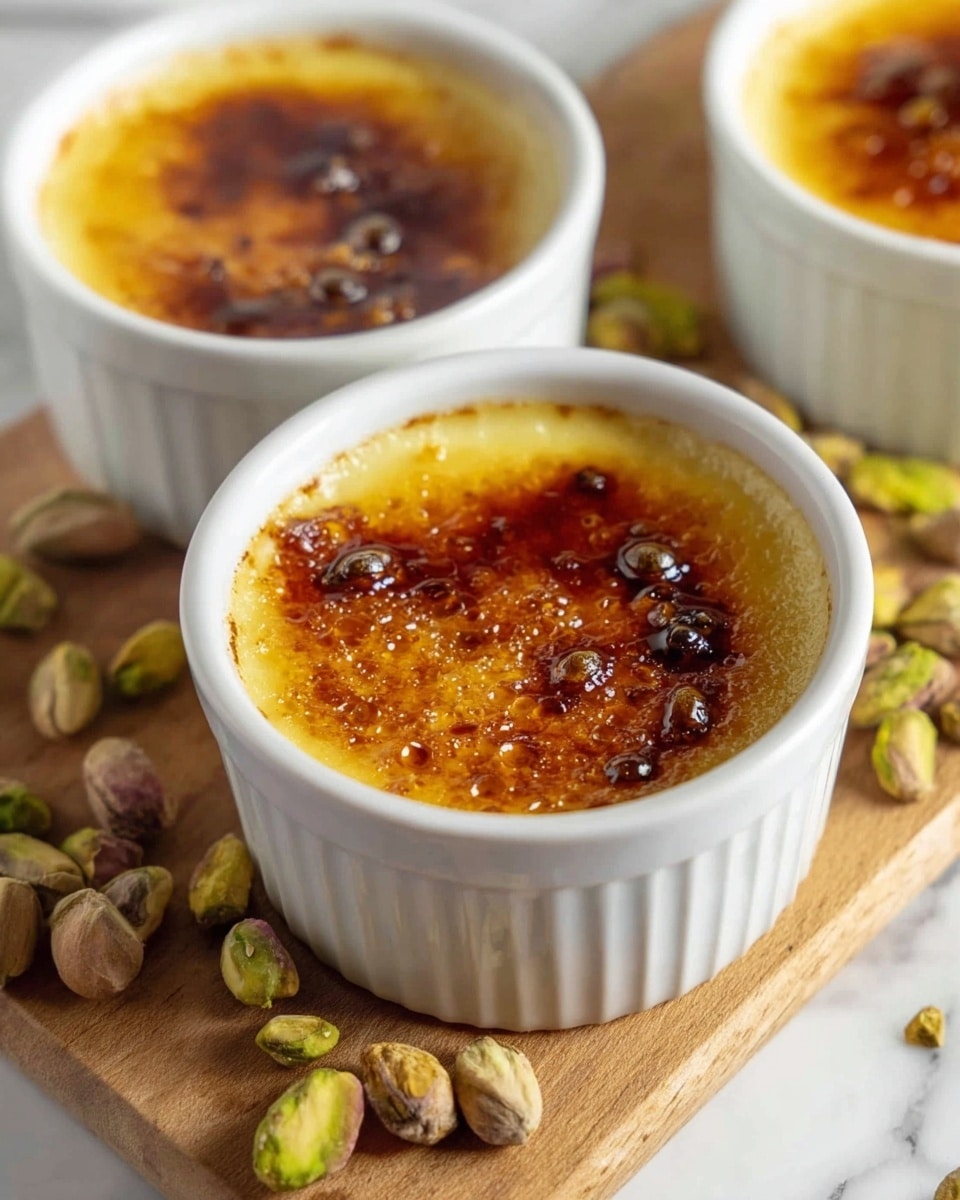 Three white ceramic ramekins sit on a wooden board with scattered pistachio nuts around them. Each ramekin holds a dessert with one smooth, golden-brown caramelized sugar layer on top, showing some darker burnt caramel spots and small bubbles, giving a shiny, slightly uneven texture. The creamy custard underneath is not visible but implied beneath the thin caramel layer. The background is a white marbled texture. Photo taken with an iphone --ar 4:5 --v 7