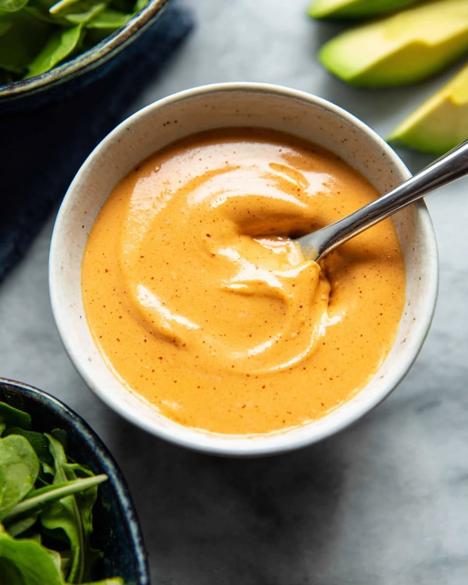 A white bowl is filled with a smooth, creamy orange sauce with a few tiny specks visible in it, giving it a lightly textured look. A silver spoon rests inside the bowl, partially dipped, creating a soft swirl pattern on the surface of the sauce. The bowl is set on a white marbled surface, with hints of green leaves and sliced avocado pieces blurred in the background at the edges of the frame. Photo taken with an iphone --ar 4:5 --v 7