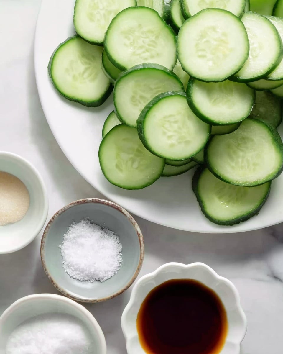 The image shows several light green cucumber slices with darker green skin piled at the top against a white marbled surface. Towards the bottom, there is a white plate holding four small bowls arranged in a semi-circle: a gray bowl with coarse white salt, a white bowl with a creamy liquid, another white bowl with white granulated sugar, and a fourth white bowl with a dark brown liquid, possibly soy sauce. The bowls have a simple scalloped edge design. Photo taken with an iphone --ar 4:5 --v 7