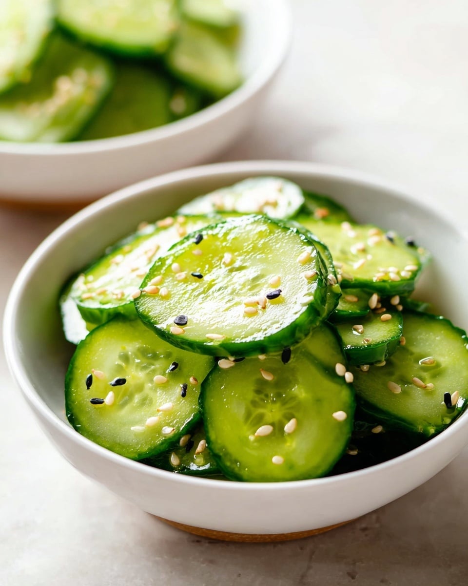 A white bowl filled with many thin round cucumber slices stacked loosely on top of each other, each slice a bright green with darker green edges and a wet, shiny texture. The cucumbers are scattered with small white and black sesame seeds, adding contrast. In the background, part of another white bowl with more cucumber slices is slightly out of focus, set on a white marbled surface. photo taken with an iphone --ar 4:5 --v 7