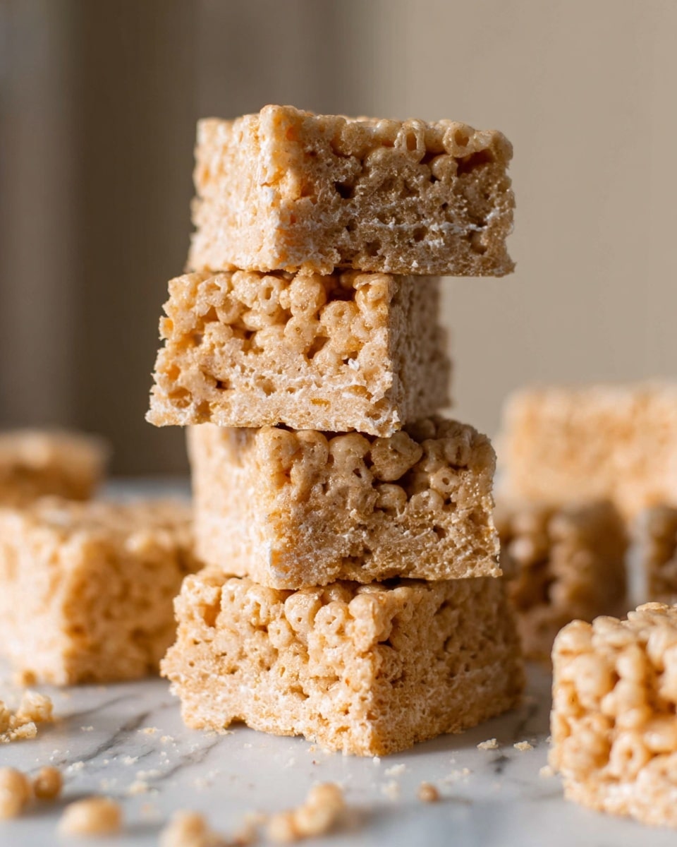 The image shows a tall stack of four square rice cereal treats, each layer light tan with a slightly rough, bumpy texture filled with visible puffed rice pieces. The edges of each square are straight but a bit uneven, showing the sticky, soft sugary mixture binding the grains. The stack sits on a white marbled surface scattered with small crumbs, and more rice cereal treats blurred in the background. Soft natural light softens the warm tan colors and highlights the puffed, chewy texture on each layer. Photo taken with an iphone --ar 4:5 --v 7