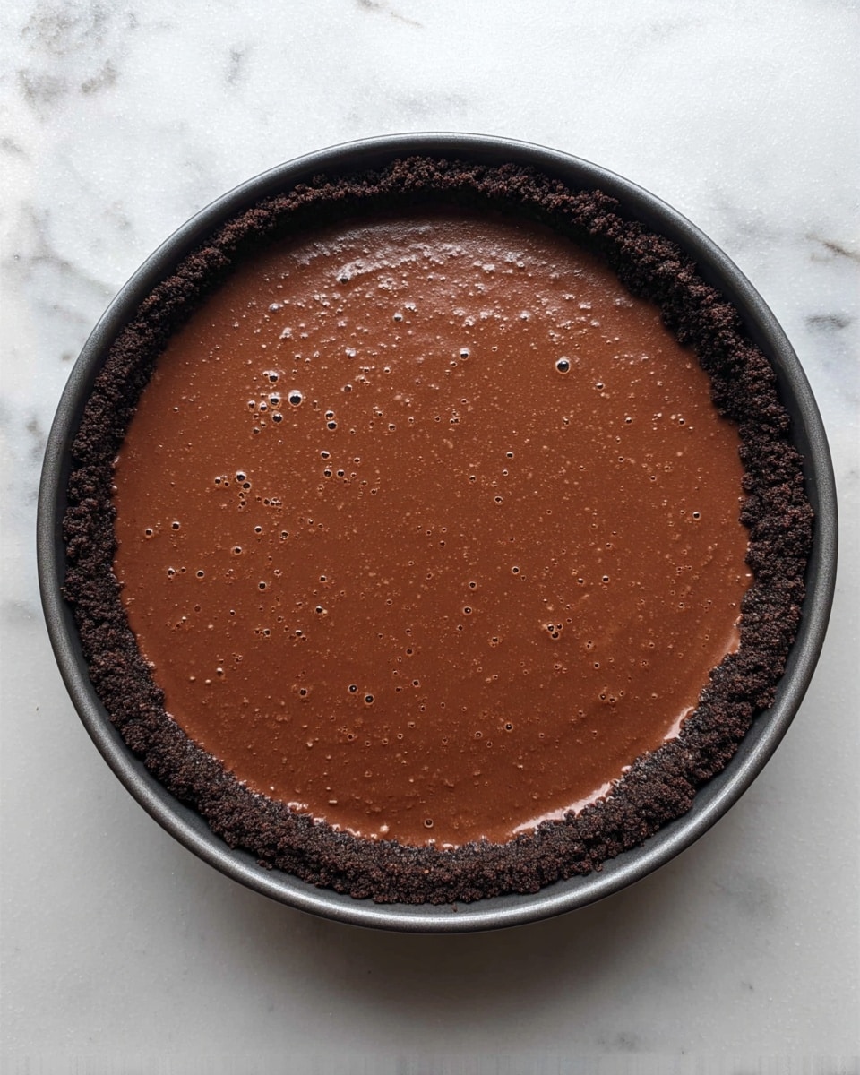 This image shows a round pan filled with a two-layer dessert. The bottom layer is a dark, crumbly chocolate crust pressed along the edges, forming a thick border around the pan. The top layer is a smooth, rich chocolate filling with a few small bubbles and a slightly glossy surface. The pan sits on a white marbled surface. photo taken with an iphone --ar 4:5 --v 7