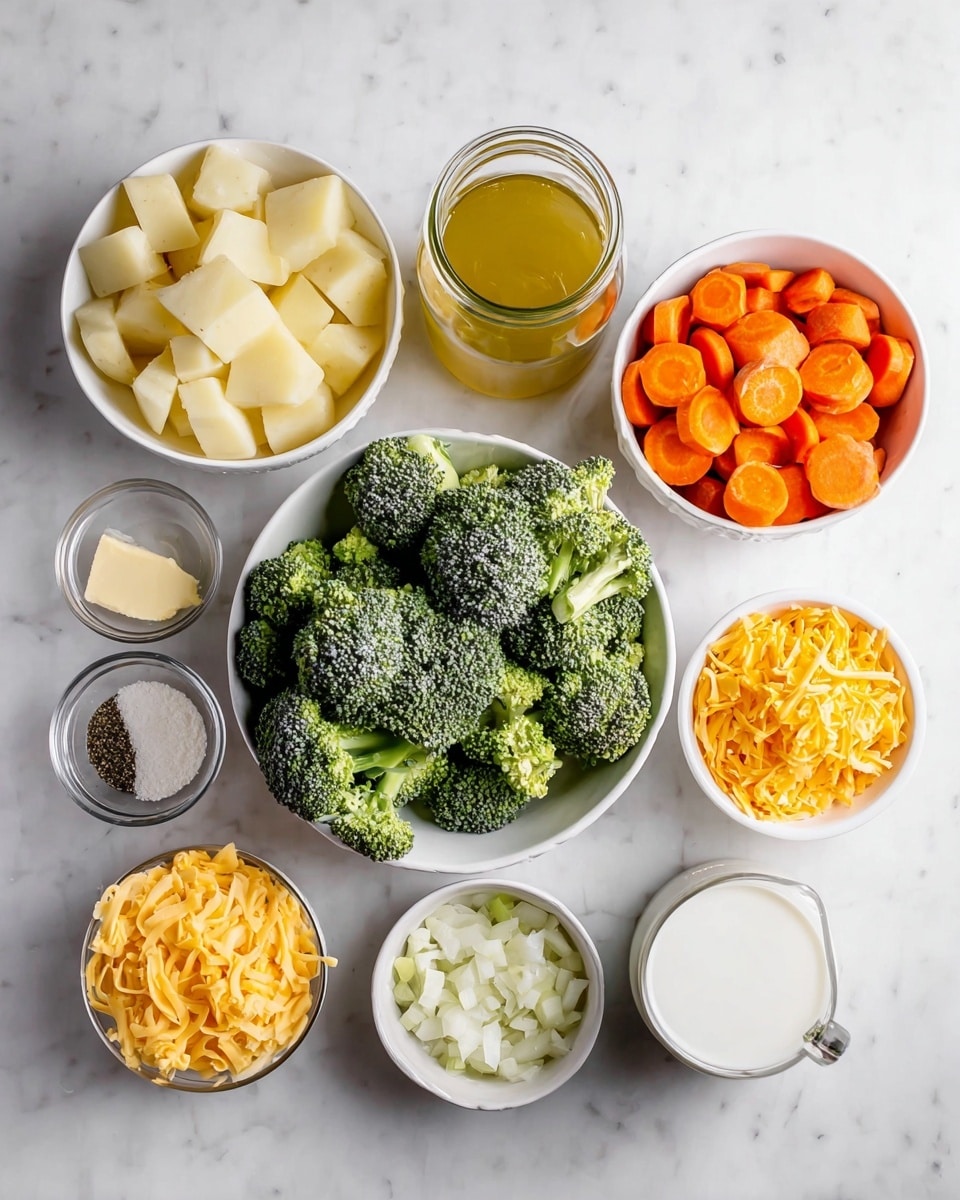 The image shows nine white bowls and a jar arranged on a white marbled surface. In the center is a bowl filled with green broccoli florets, some with a slight frosty texture. To the left, a large bowl holds pale yellow cubed potatoes, with a smaller bowl beneath it filled with chopped white onions. Above the onions is a glass jar of golden yellow liquid, likely broth. To the right of the broccoli, there is a large bowl filled with round, bright orange carrot slices, below it a bowl of shredded orange and yellow cheese, and above both is a small bowl containing a pale stick of butter, chopped minced garlic, and small bowls with white flour and black pepper. Near the bottom right is a small glass of white milk. The overall look is fresh and colorful with a mix of vegetables and cooking ingredients. Photo taken with an iphone --ar 4:5 --v 7