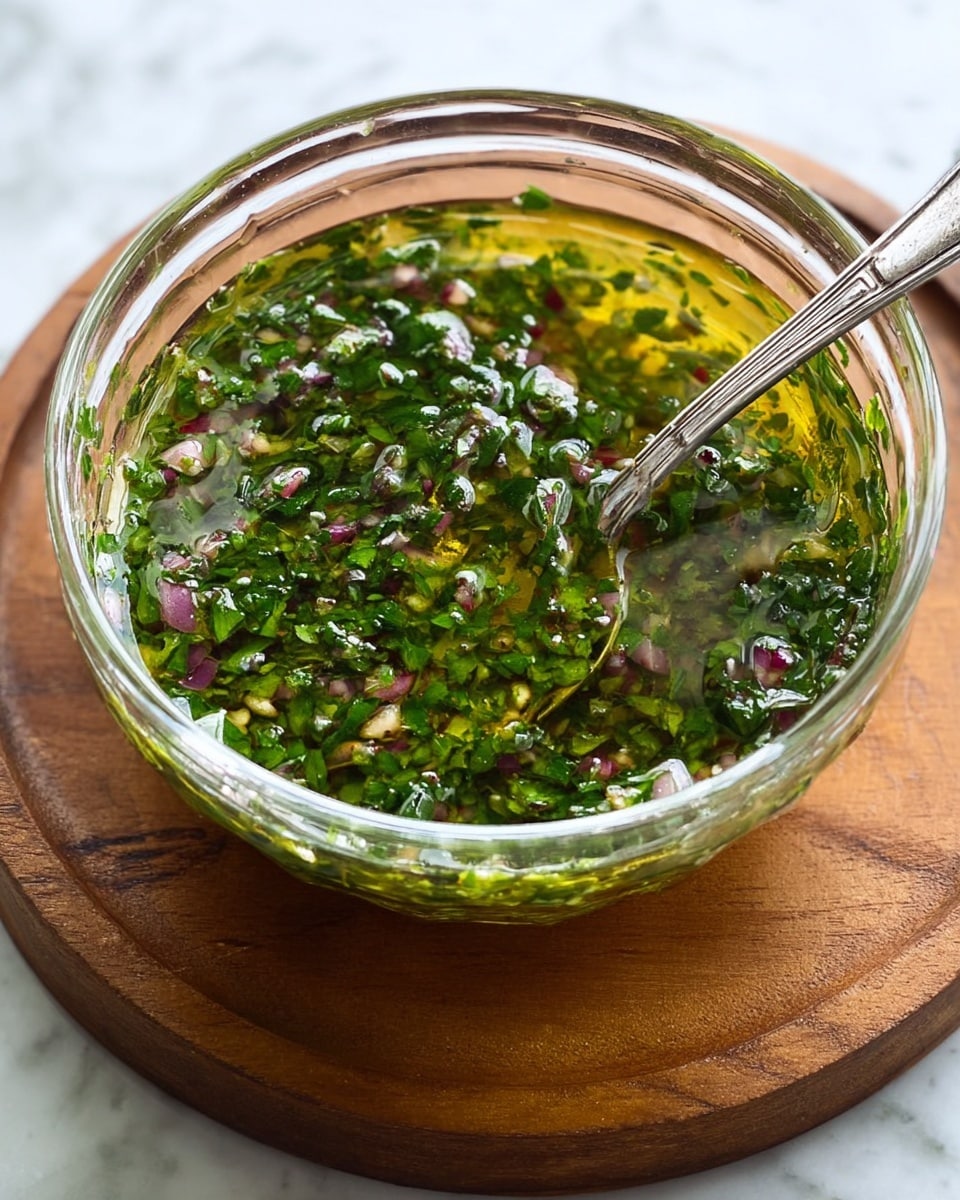 A clear glass bowl filled with a green herb sauce that has a mix of finely chopped parsley and bits of red onion in light yellow olive oil liquid. A silver spoon rests inside the bowl, which is placed on a round wooden board. The background is a white marbled surface. photo taken with an iphone --ar 4:5 --v 7