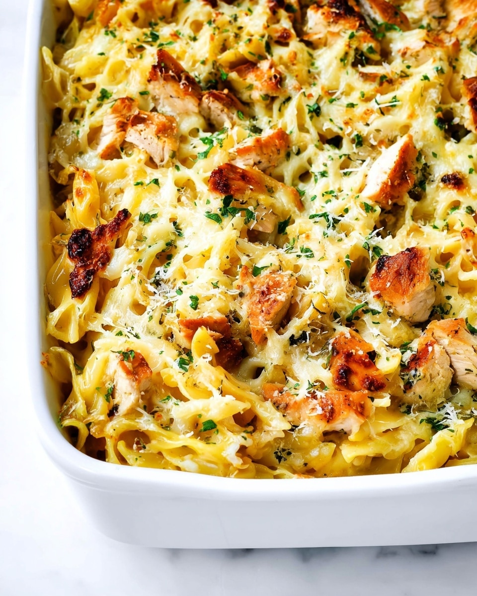 A white rectangular baking dish filled with a layered pasta bake, with one main layer of yellow pasta mixed with pieces of browned grilled chicken that have a light golden color. The dish is topped with melted cheese that is slightly browned and bubbly, scattered with finely chopped green herbs and a light dusting of white grated cheese. The texture looks creamy with some crispy cheese edges visible on top. The dish sits on a white marbled surface photo taken with an iphone --ar 4:5 --v 7