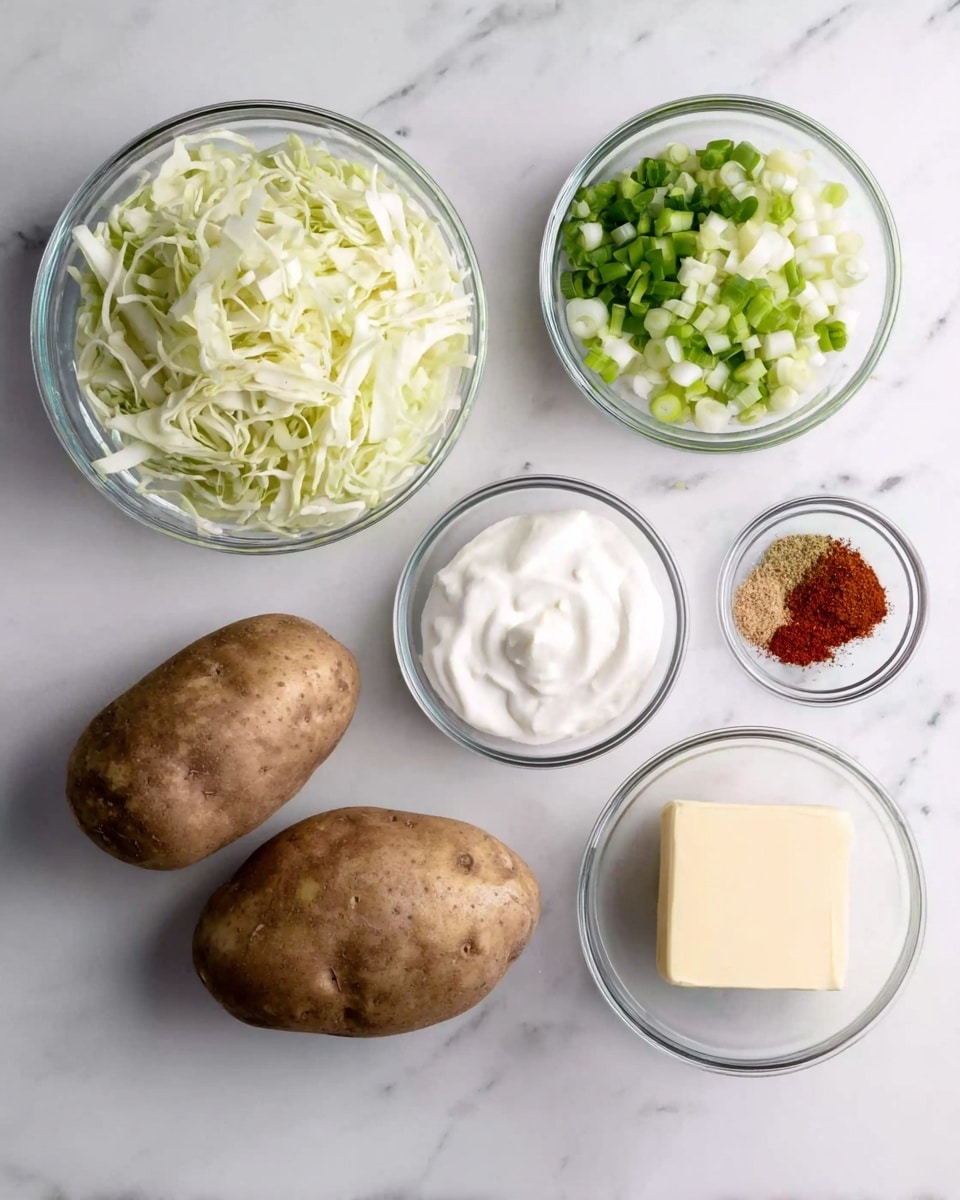The image shows six ingredients arranged on a white marbled surface. On the top left, there is a clear glass bowl filled with shredded light green cabbage. To its right, another clear bowl contains chopped green onions with white and light green sections visible. Next to that, there is a small clear bowl filled with white cream. Below, two large brown potatoes sit side by side on the surface. To the right of the potatoes, a small clear bowl holds a reddish powdery spice, and next to it, another small bowl contains a square piece of pale yellow butter. Photo taken with an iphone --ar 4:5 --v 7