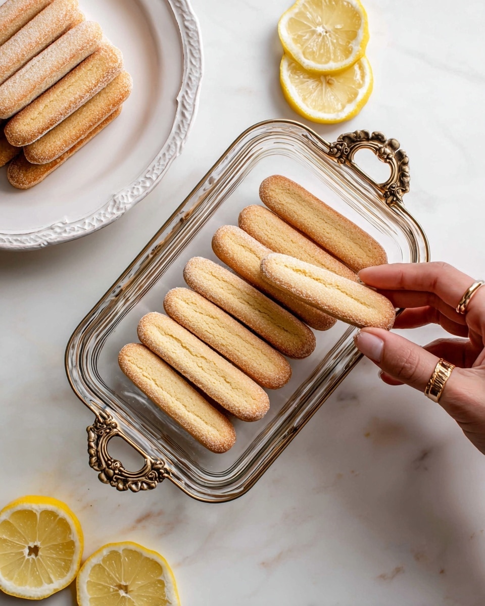 A clear glass dish with ornate bronze handles holds a single layer of seven ladyfinger biscuits, all light brown with a slightly rough sugar-coated texture. A woman’s hand with a gold ring is picking up the ladyfinger from the bottom left corner of the dish. To the left, a white plate with more ladyfingers stacked on top is visible. Around the dish, four lemon wedges with pale yellow flesh and white pith sit scattered on a white marbled surface. Photo taken with an iphone --ar 4:5 --v 7
