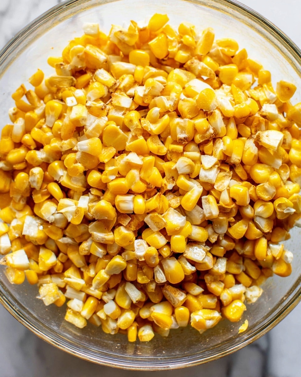 A close-up view of a clear bowl filled with roasted corn kernels, showing a mix of bright yellow and lightly browned pieces with a slightly charred texture on some edges. The kernels are separated and layered loosely inside the bowl, which sits on a white marbled surface, giving a fresh and clean background. photo taken with an iphone --ar 4:5 --v 7