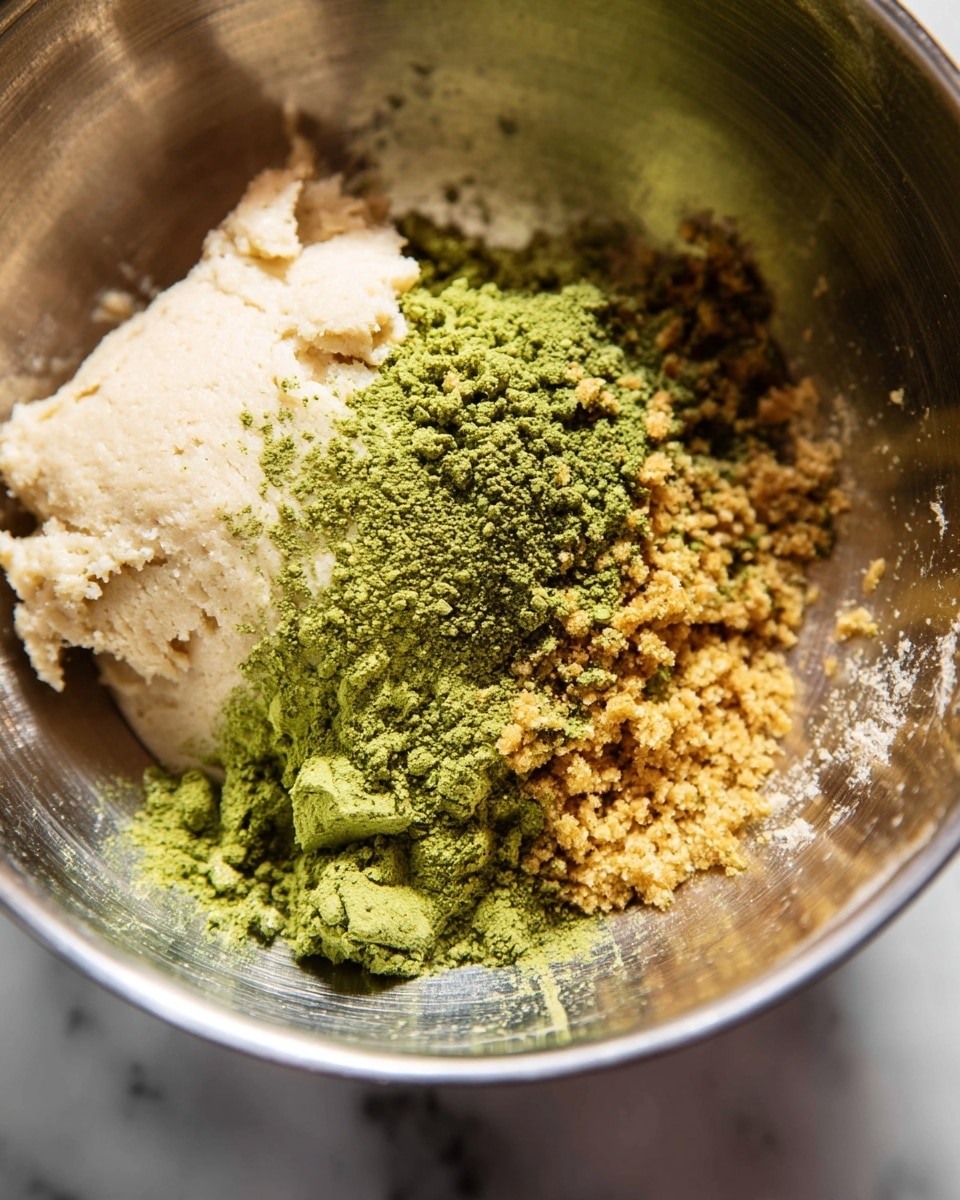 The image shows a close-up of a metal bowl containing three main layers of ingredients. The upper left part has a pale, creamy beige dough with a soft, slightly crumbly texture. The middle layer is a mound of bright green powder with a fine, loose texture. The bottom right layer consists of small, golden-brown granules that look crunchy and dry. Some of the green powder is lightly scattered over the other layers. The bowl's inside surface is shiny and reflective. The photo is taken on a white marbled texture. Photo taken with an iphone --ar 4:5 --v 7