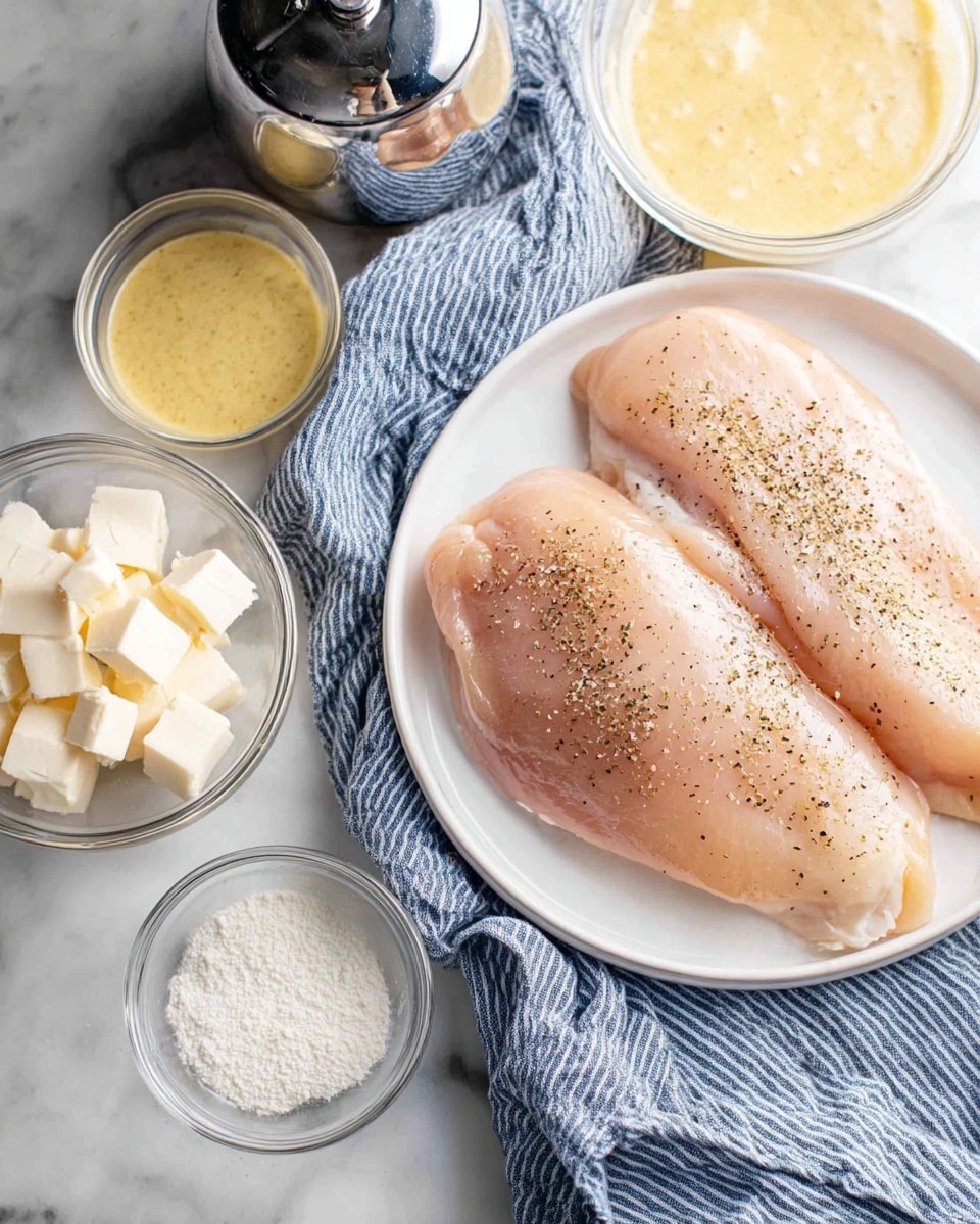 Two large raw chicken fillets lightly sprinkled with black pepper lay side by side on a round white plate. Surrounding the plate are clear glass bowls containing creamy yellow sauce, white cheese cubes, and a fine white powder. All items are set on a soft blue and white striped cloth on a white marbled surface. A shiny silver kitchen timer is partially visible near the top of the image. Photo taken with an iphone --ar 4:5 --v 7