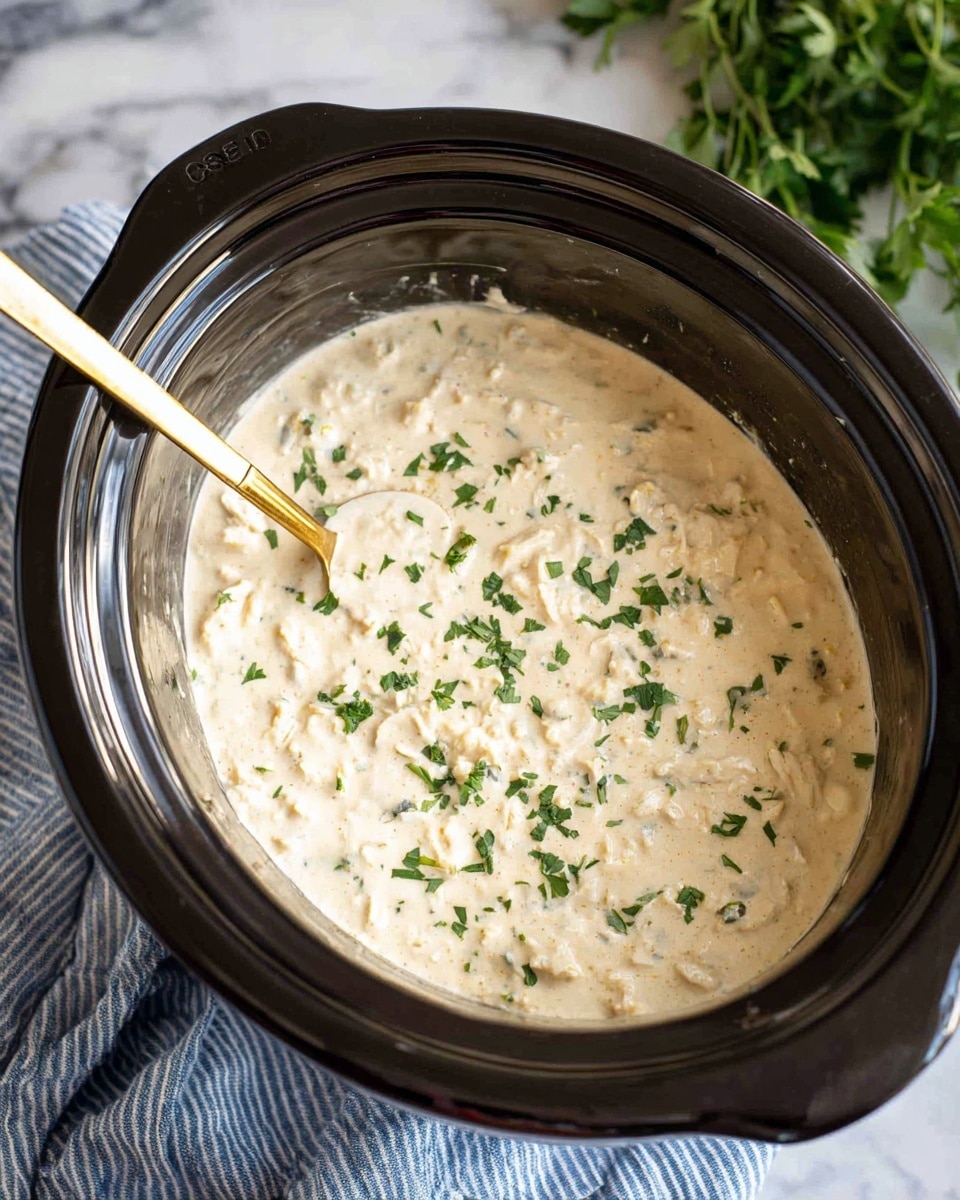 A black slow cooker filled with a creamy, thick mixture that is off-white with small chunks throughout. The surface is sprinkled with small green herb pieces, likely parsley, adding a fresh touch. A gold and silver spoon is placed inside the slow cooker on the left side, partially dipped in the creamy mixture. The slow cooker rests on a blue and white striped cloth, all set on a white marbled surface. In the background, there is a bunch of green herbs visible at the top right corner. photo taken with an iphone --ar 4:5 --v 7
