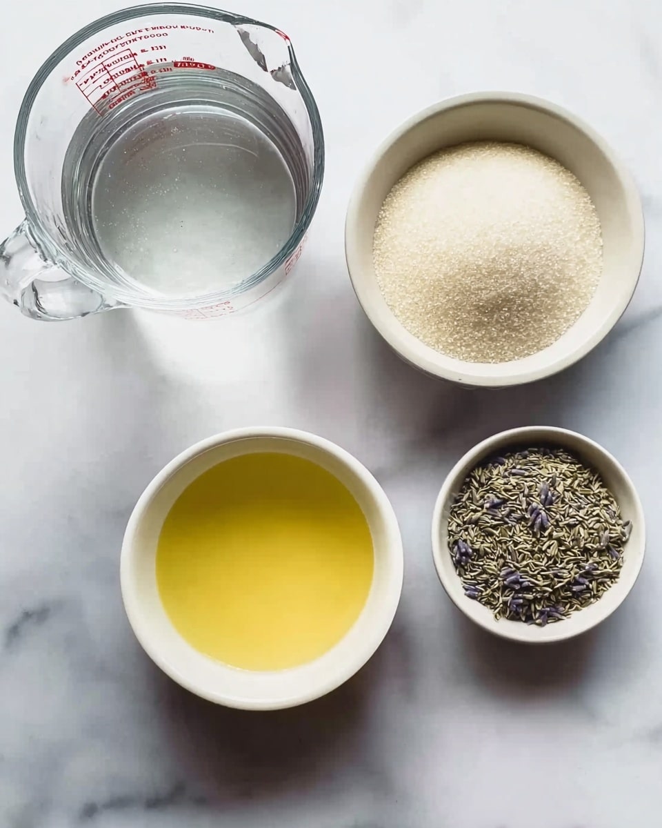 The image shows four containers on a white marbled surface. At the top left is a clear glass measuring cup filled with water, marked with red measurement lines. To the right is a white bowl filled with fine white granules, likely sugar or salt. Below the measuring cup is a white bowl filled with a yellow liquid, possibly melted butter or oil. At the bottom right is a small white bowl filled with dried herbs or seeds that are brown and green in color. The items are arranged close together, and the lighting is natural with soft shadows. photo taken with an iphone --ar 4:5 --v 7