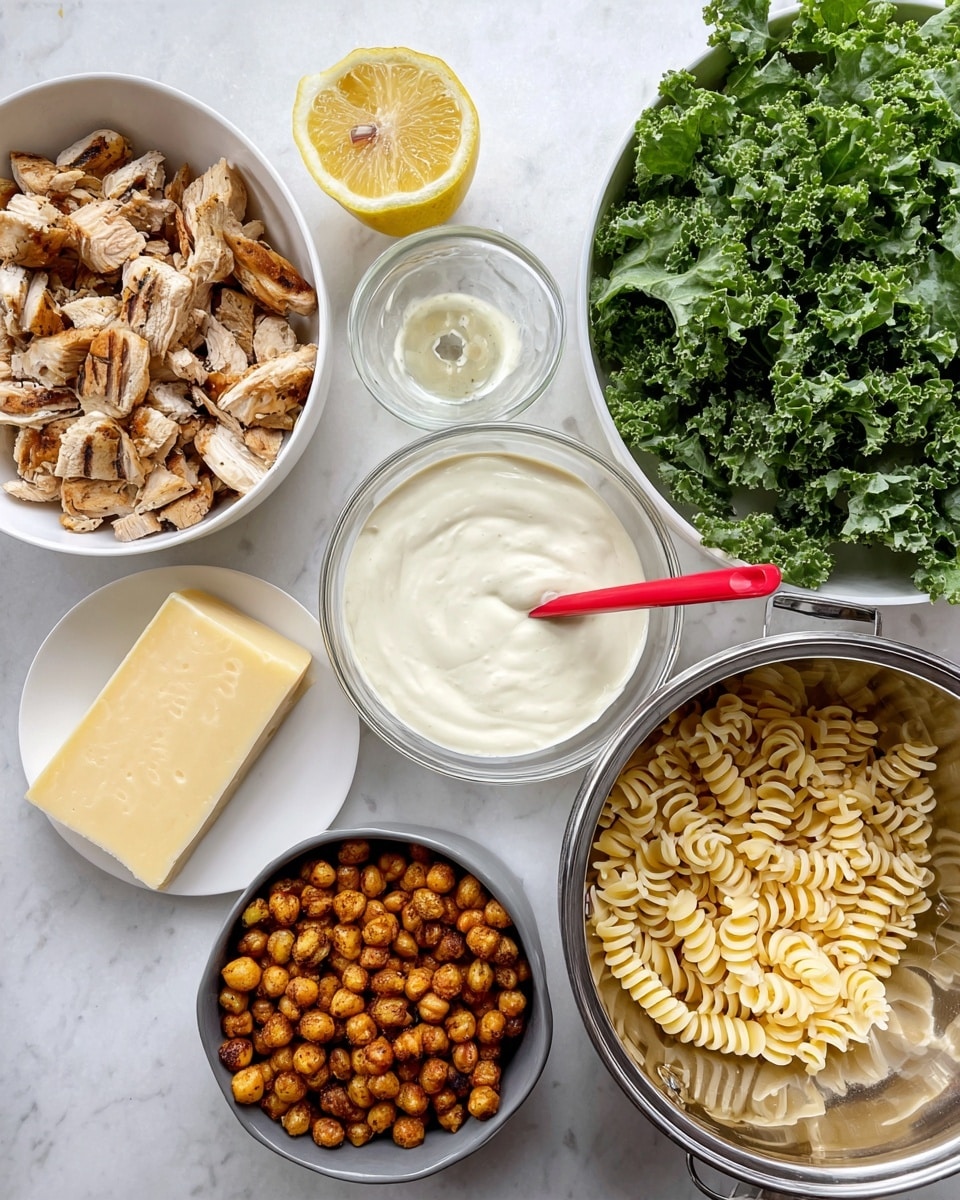 The image shows six main elements arranged on a white marbled surface: a white bowl filled with rough chopped grilled chicken pieces with light brown grilled marks, positioned at the top left; a halved lemon with visible seeds placed centrally above a small round clear glass bowl of creamy white sauce with a red spoon inside it; a large white bowl full of fresh curly green kale leaves sitting at the top right; a white plate at the center left holding a solid pale yellow block of cheese alongside many thin shavings of the same cheese; a dark gray bowl at the bottom left filled with crispy roasted chickpeas that are golden brown; and at the bottom right, a shiny silver metal colander filled with tightly coiled spiral pasta, pale yellow in color and fully cooked. photo taken with an iphone --ar 4:5 --v 7