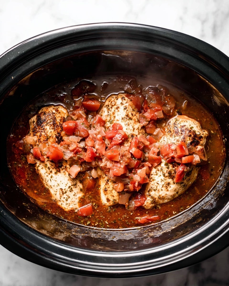 The image shows a black slow cooker filled with three cooked chicken breasts as the main layer. On top of the chicken, there is a layer of diced red tomatoes and onions with a soft texture, mixed well with dark brown broth covering the bottom of the cooker. The chicken is light brown with some darker seared spots, and the broth looks rich and flavorful. The overall scene has a warm, steamy feel. The slow cooker sits on a white marbled surface. photo taken with an iphone --ar 4:5 --v 7