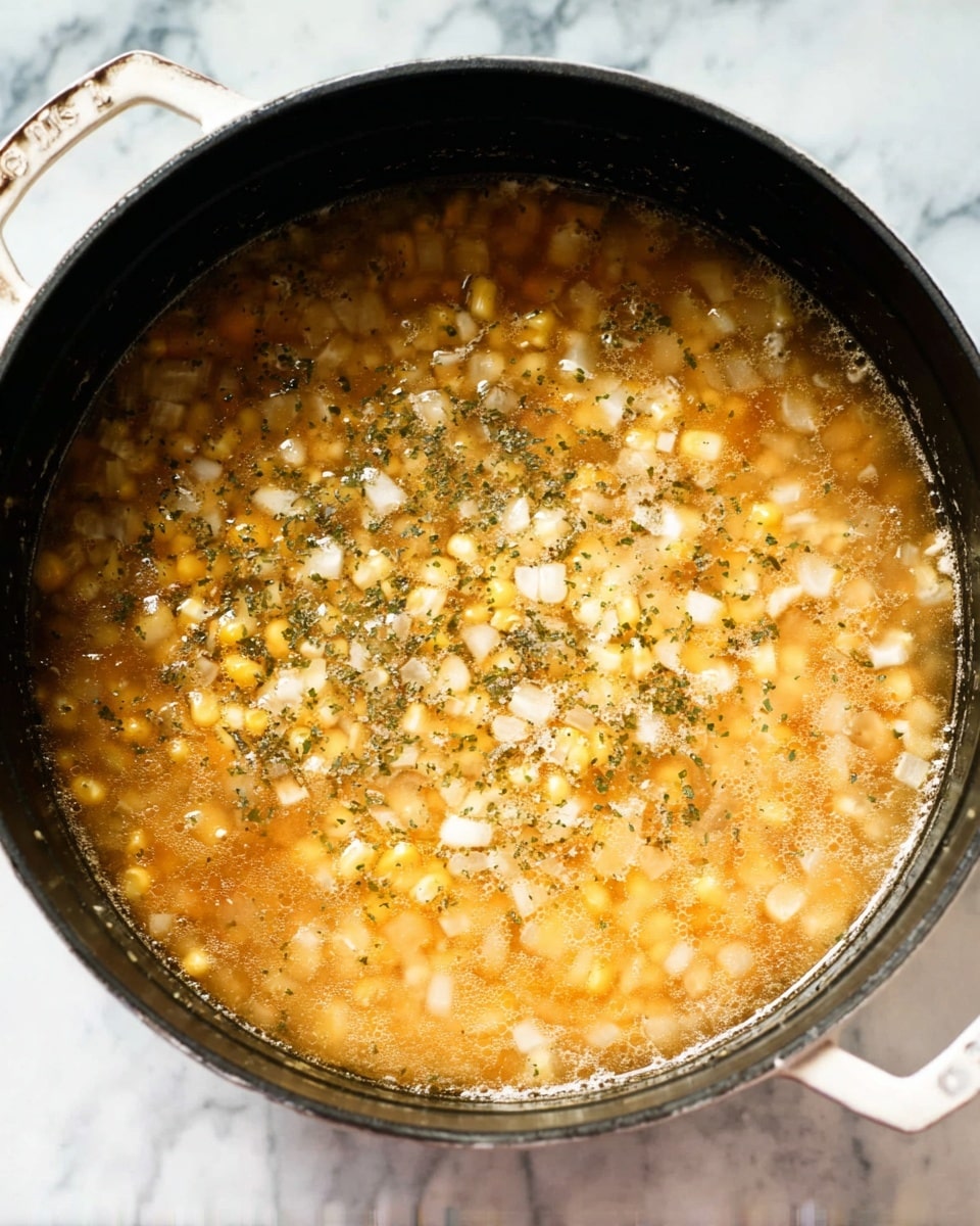 A white-handled black pot filled with a warm soup sits on a white marbled surface. The soup shows a mix of small pieces of light yellow corn floating in a light orange broth with visible small translucent onion chunks. The top is sprinkled unevenly with dried green herbs, adding texture and color contrast. The pot handle on the right has some light rust marks, and the soup surface slightly shimmers with tiny bubbles and herbs. Photo taken with an iphone --ar 4:5 --v 7