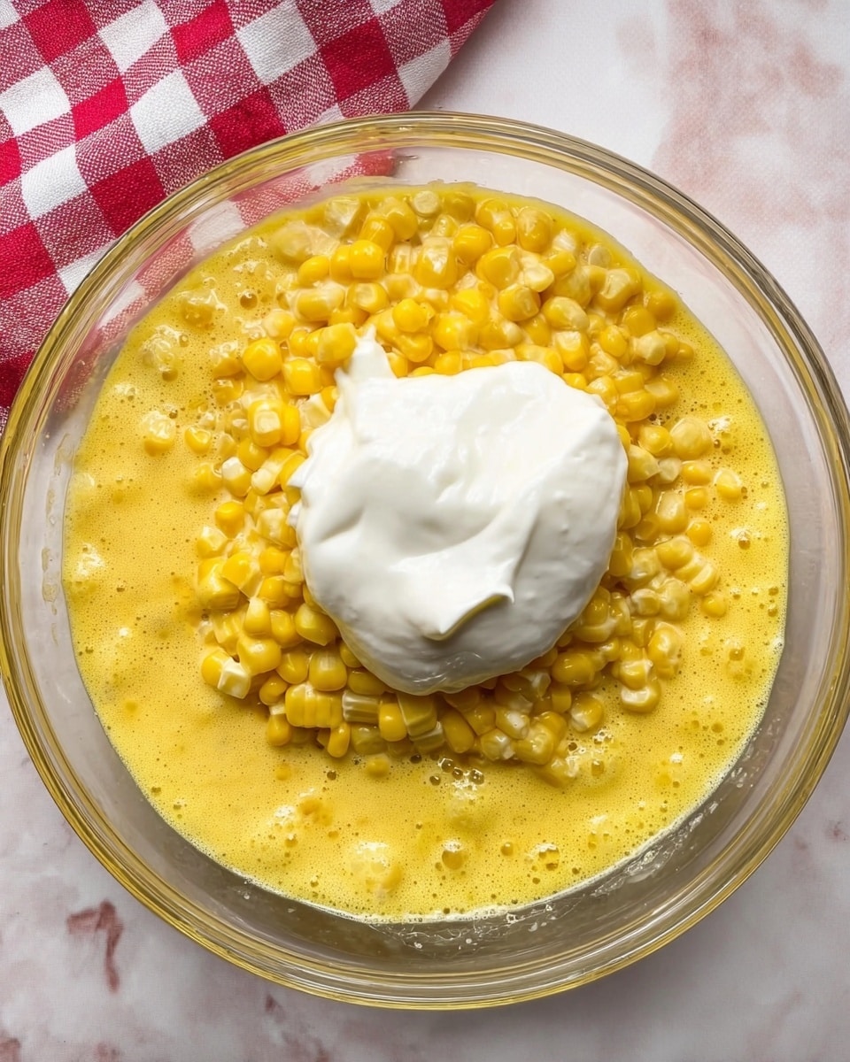 A clear glass bowl on a white marbled surface holds three visible layers: a layer of bright yellow corn kernels sitting on top of a thick, yellow egg mixture with visible bubbles around the edges, and a large dollop of smooth, white cream sitting in the center on top of the corn. In the upper left corner, a red and white checkered cloth is partly visible. photo taken with an iphone --ar 4:5 --v 7