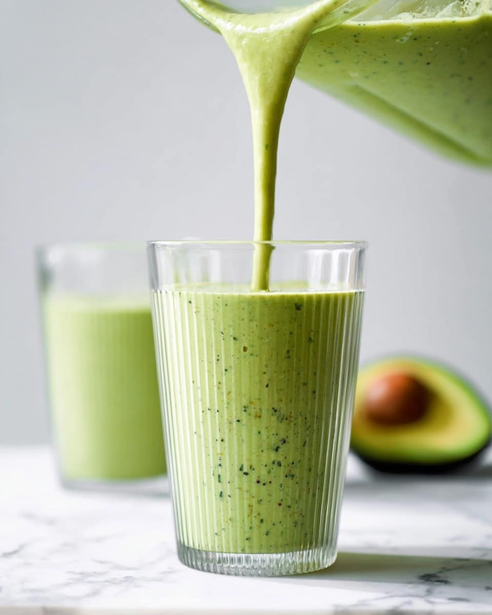 A clear ribbed glass is being filled with a smooth, thick light green smoothie that has darker green flecks throughout, flowing from a clear container above. In the background, there is a blurred second glass with the same green smoothie, and a half of an avocado with its seed is partially visible on a white marbled surface. The scene is bright with a plain light background. Photo taken with an iphone --ar 4:5 --v 7