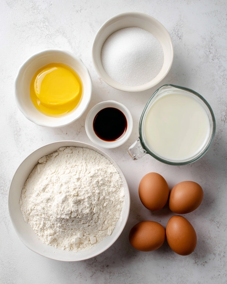 The image shows six ingredients on a white marbled surface arranged neatly. At the bottom left, there is a white bowl full of white flour with a slightly rough texture. Above it, to the left, there is a small white bowl with yellow melted butter, smooth and shiny. Above that, a small white bowl contains dark brown vanilla extract with a glossy surface. To the right of the flour, there is a clear glass jug filled with white milk, smooth and creamy. Above the jug, a larger white bowl is filled with white granulated sugar with a slightly uneven texture. To the right of the sugar, there is a small white bowl with fine white salt. Finally, at the bottom right corner, three brown eggs with smooth shells are placed close together. photo taken with an iphone --ar 4:5 --v 7