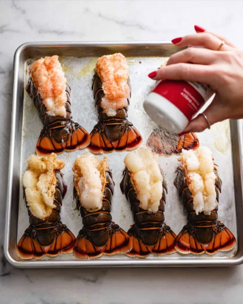 The image shows six lobster tails, dark brown and orange shells, opened and laid flat on a silver metal baking tray with a white marbled background beneath. Each lobster tail has a large, pale pinkish-white piece of lobster meat placed in the shell part, with one side showing a rough texture and the other side smooth and slightly shiny. A woman's hand with red painted nails is sprinkling salt or seasoning from a red and white shaker over the lobster tails, with some seasoning visible on top of the meat. The tails are arranged in two rows, with three in the front and three in the back, and the tray edges are slightly raised. photo taken with an iphone --ar 4:5 --v 7