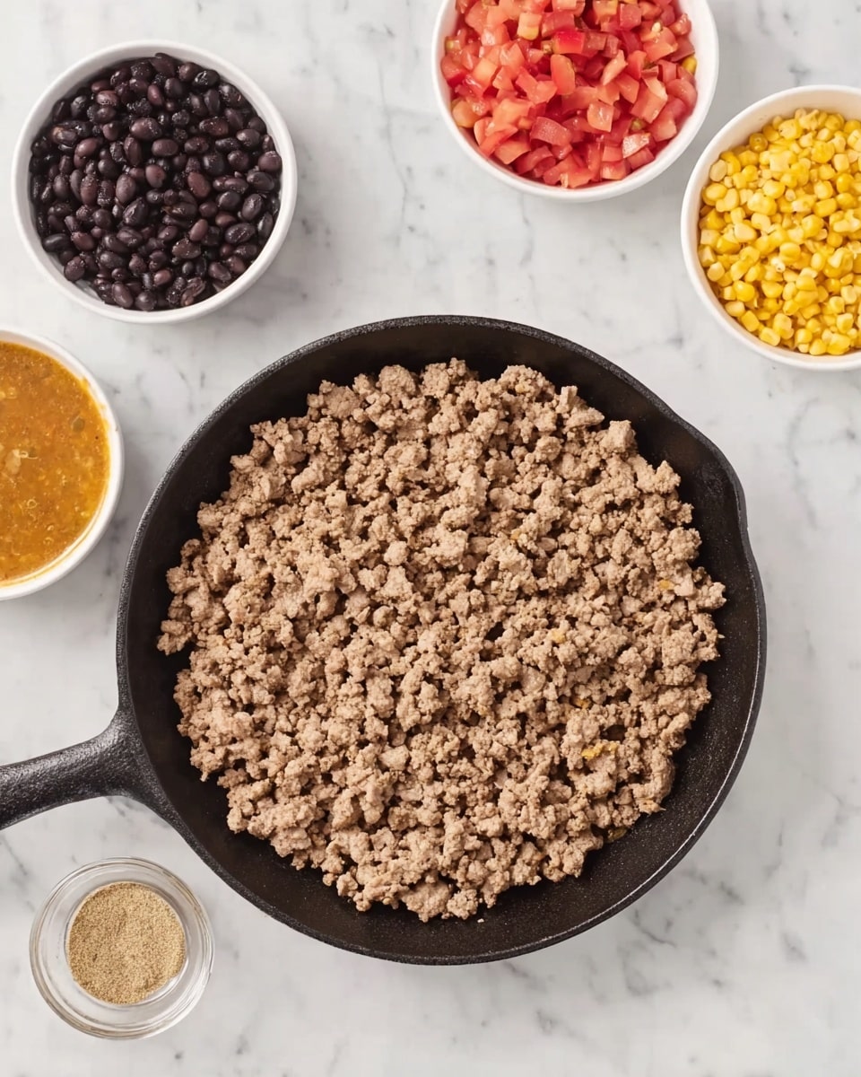 A top-down view of a black cast iron skillet filled with evenly cooked ground meat, showing a brownish-gray texture with small crumbly pieces spread across the pan. Surrounding the skillet on a white marbled surface are four small white bowls arranged around the top half: one bowl containing black beans in dark liquid, another with yellow corn kernels, a third with diced red tomatoes in juice, and a small clear glass bowl with light brown seasoning powder. Photo taken with an iphone --ar 4:5 --v 7