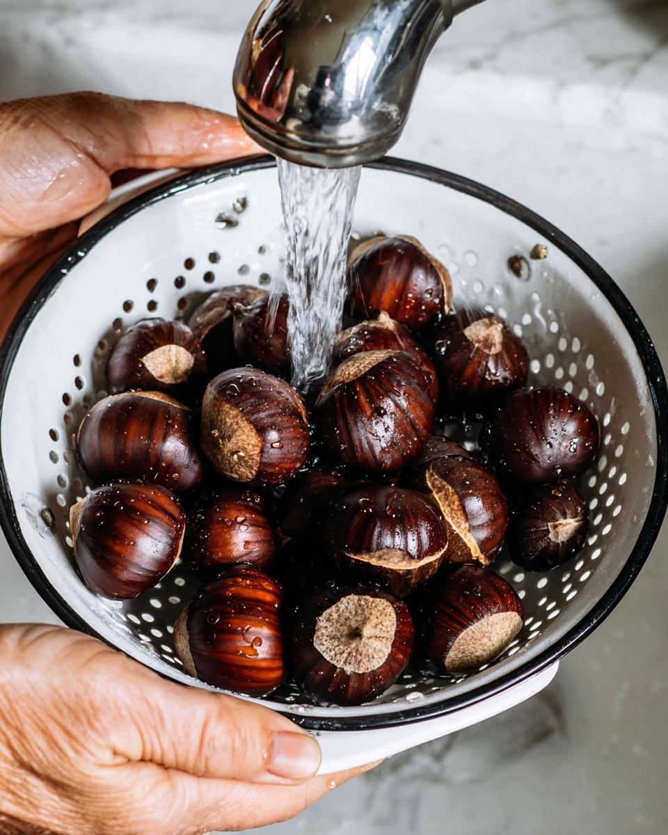 A white colander filled with dark brown chestnuts, some showing cracked shells, is held by two hands under a silver faucet with water pouring over the chestnuts. The chestnuts have a shiny, wet surface with visible water droplets. The colander has multiple holes and a black rim. The scene is set against a white marbled texture. photo taken with an iphone --ar 4:5 --v 7