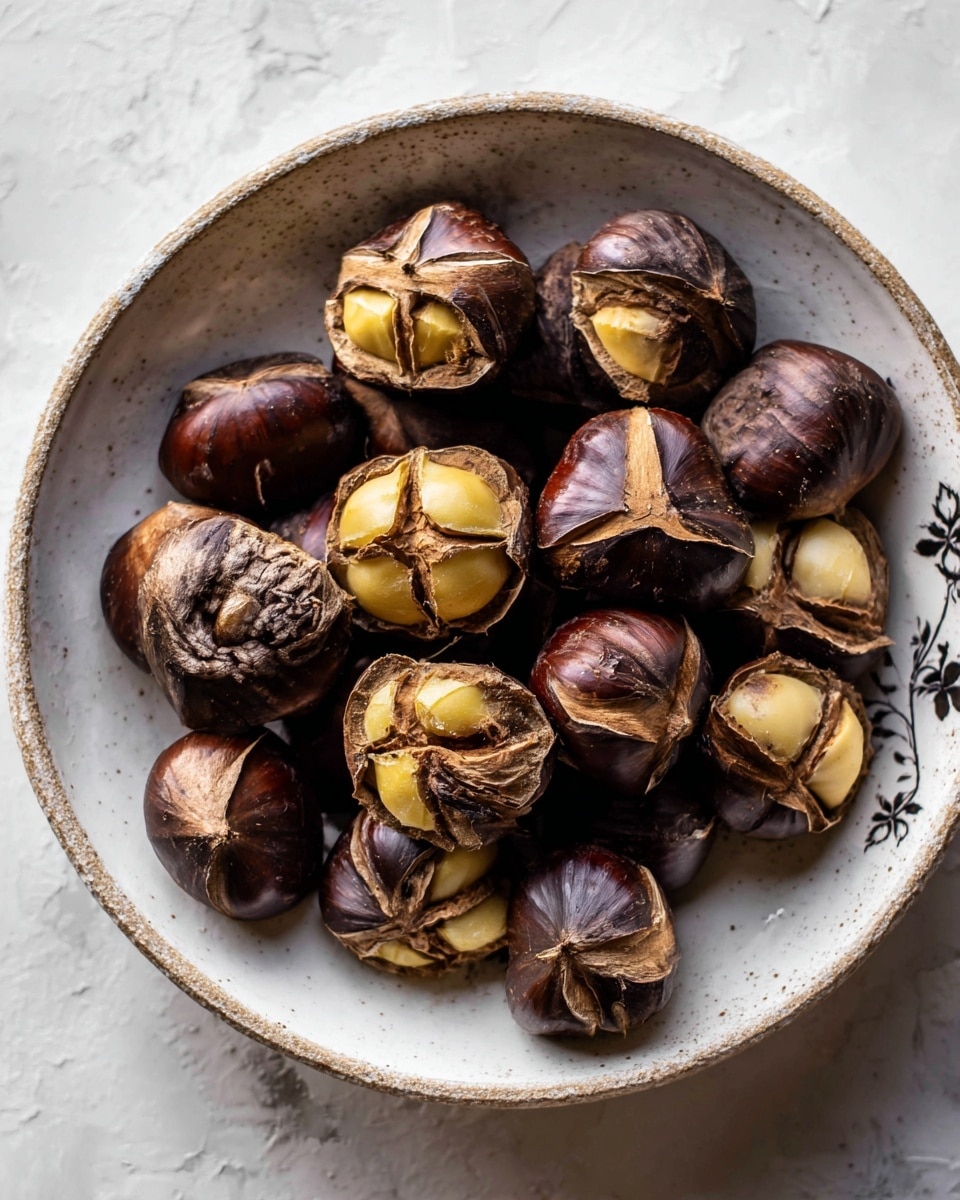 A white speckled bowl filled with roasted chestnuts, showing a mix of textures with some chestnuts having cracked dark brown shells revealing soft, wrinkled yellow interiors, while others display a smoother, golden flesh with light brown scorched spots, all placed on a white marbled surface photo taken with an iphone --ar 4:5 --v 7