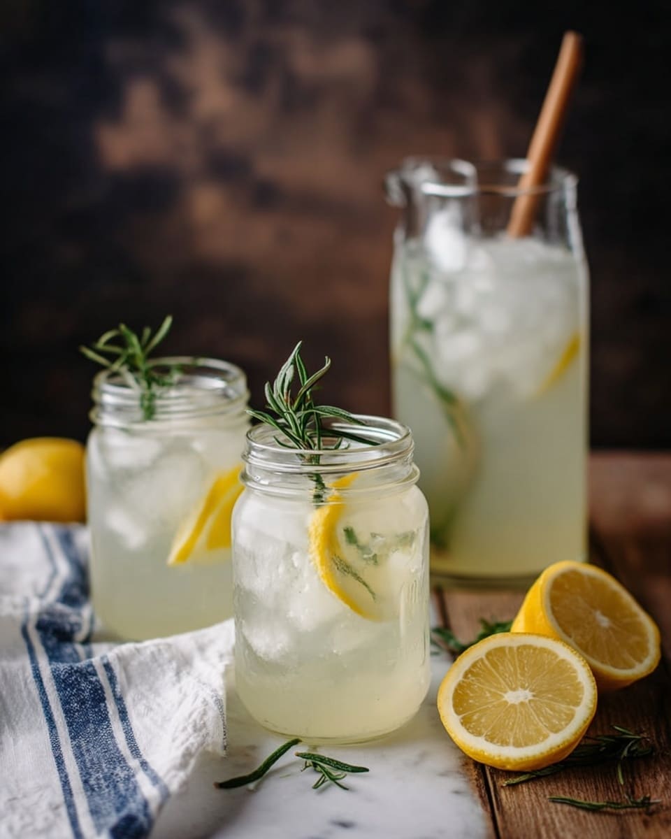 The image shows two clear glass jars filled with a light yellow lemonade drink with ice cubes inside, each jar topped with a small sprig of green rosemary and a thin slice of lemon inside the liquid near the top. Behind the jars is a tall clear glass pitcher with the same pale lemonade, ice cubes, lemon slices, and rosemary sprigs inside, with a brown straw sticking out. The jars and pitcher sit on a wooden table with a white and blue striped cloth and two lemon halves placed in front, all set against a dark blurred background, on a white marbled textured surface photo taken with an iphone --ar 4:5 --v 7
