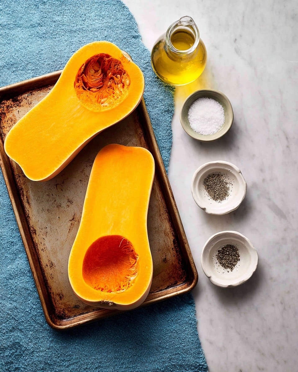 The image shows two halves of bright orange butternut squash placed on a used metal baking tray, each half revealing a hollow cavity where seeds were removed. The tray sits on a blue textured cloth over a white marbled surface. To the right of the tray are three small containers lined vertically: a clear glass bottle with golden olive oil on top, a small white bowl filled with coarse white salt in the middle, and another small white bowl with crushed black pepper at the bottom. The scene looks clean and simple with a clear focus on the fresh vegetables and seasoning photo taken with an iphone --ar 4:5 --v 7