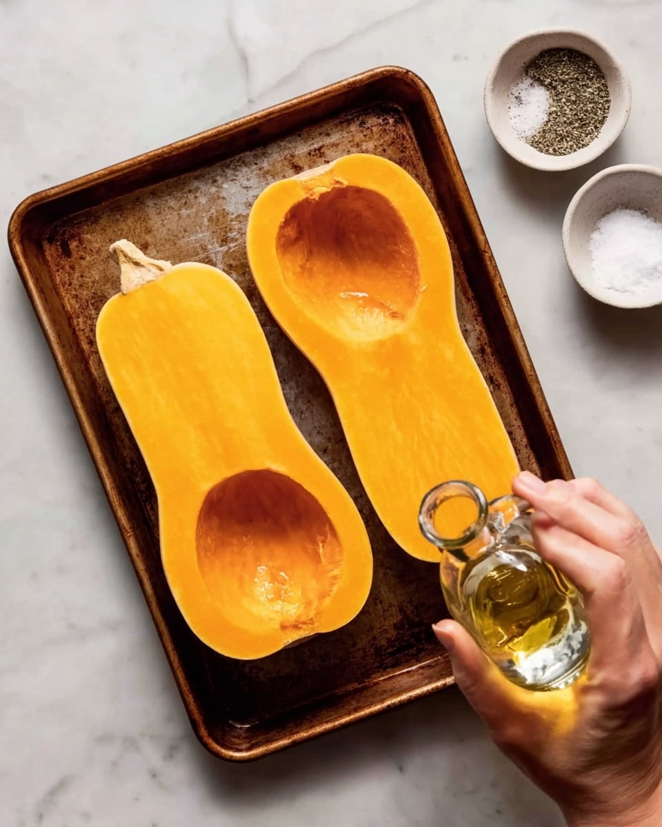 The image shows two halves of a bright orange butternut squash placed inside a metal baking tray with a worn texture. One half has the hollow center facing up, and a woman's hand is pouring a small amount of oil from a small clear glass bottle into the hollow part. The other half lies beside it with the hollow empty but visible. The tray is set on a white marbled surface, and in the top right corner, there are two small white bowls filled with salt and pepper. A woman's hand holds the tray steady from the bottom left corner. Photo taken with an iphone --ar 4:5 --v 7