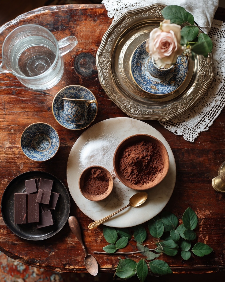 A dark wooden table holds a round white plate at the center with two small wooden bowls on it, one filled with fine dark brown cocoa powder and the other with white sugar, accompanied by a small golden spoon resting on the plate's edge. To the left of the plate, there is a clear glass pitcher filled with water and two small blue and gold floral patterned cups, one upright and the other on its side. Below, a black plate holds three dark chocolate squares. At the bottom, an old copper cezve (coffee pot) with a dark wooden handle lies angled. On the right side, a white lace doily is under two stacked silver trays with a blue and gold floral patterned cup on top beside a small vase holding a single light pink rose and green leaves. The surface shows a worn wooden texture with scattered green leaves, all set against a white marbled background. Photo taken with an iphone --ar 4:5 --v 7
