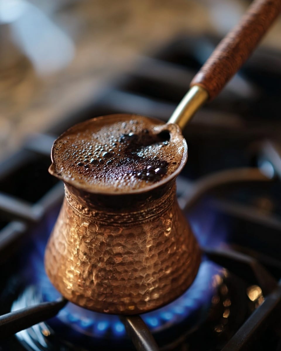 A hammered copper cezve pot with a wooden handle sits on top of a gas stove with a blue flame beneath it. Inside the cezve, dark brown coffee froths and bubbles, rising close to the rim with a slightly uneven texture on the surface. The stove has black metal grates, and the background is softly blurred. photo taken with an iphone --ar 4:5 --v 7