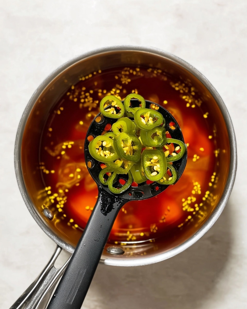 A shiny metal pot filled with a reddish-orange liquid with floating yellow chili seeds is placed on a white marbled surface. Above the pot, a black slotted spoon holds several bright green sliced chili rings with visible seeds, creating a strong color contrast. The pot handle is visible on the left side, and the overall scene is bright and clear, highlighting the textures of the chili slices and the liquid below. Photo taken with an iphone --ar 4:5 --v 7