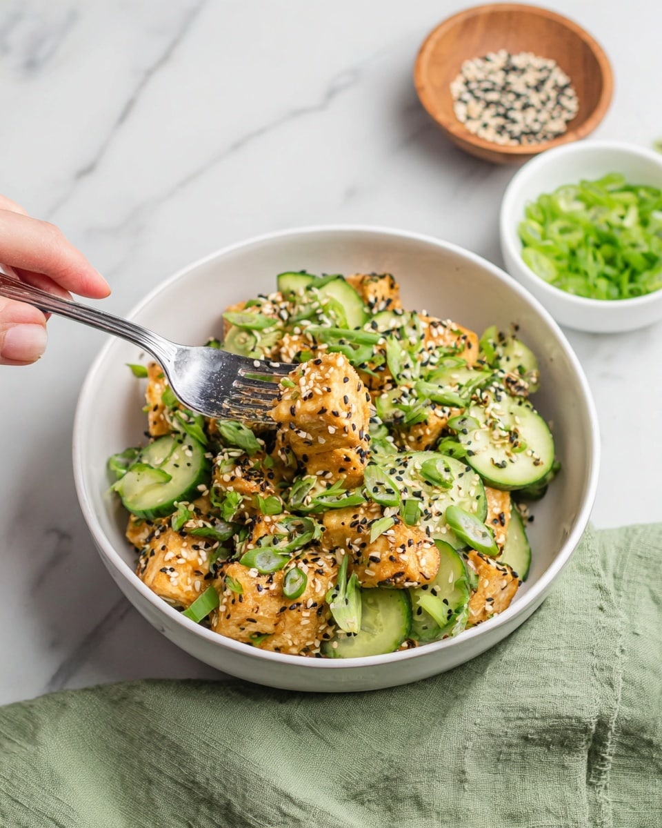 The white bowl holds a salad made of crispy golden tofu cubes mixed with thinly sliced light green cucumbers and chopped bright green scallions. The salad is sprinkled with white and black sesame seeds, adding small pops of black and white dots on top. A silver fork, held by a woman's hand, lifts a bite with tofu, cucumber, and scallions from the bowl. Behind the bowl, there is a small wooden dish with more sesame seeds and a white bowl filled with extra chopped scallions. The setting rests on a white marbled surface with a green cloth nearby. photo taken with an iphone --ar 4:5 --v 7