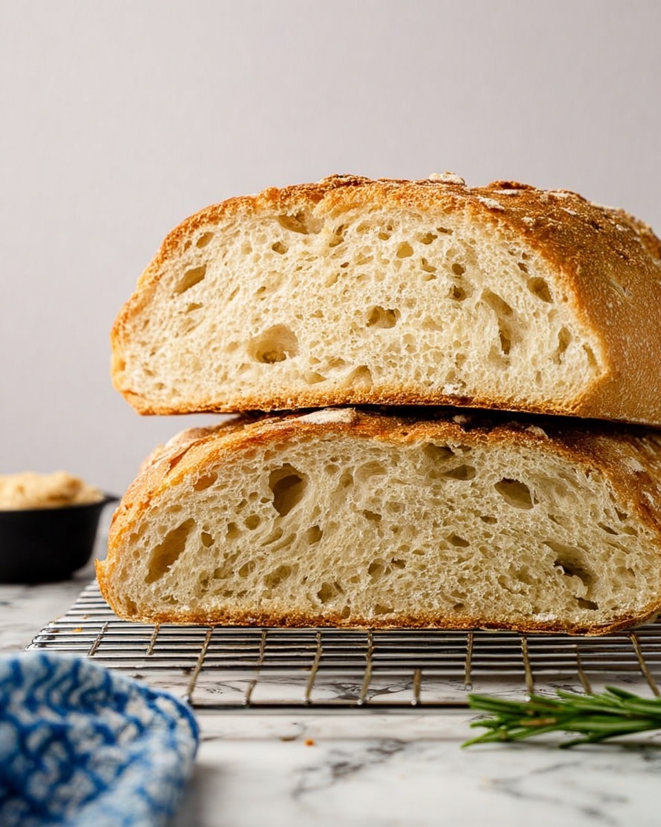 The image shows two large slices of bread stacked one on top of the other on a cooling rack over a white marbled surface. The bread has a rough, golden-brown crust with a soft, airy, light beige inside that has many small holes. In the background, there is a small black bowl with a spread, and a green sprig of rosemary lays on the surface in front of the cooling rack. A blue and white checkered cloth is partially visible near the bottom left corner. The background is plain and light-colored. photo taken with an iphone --ar 4:5 --v 7