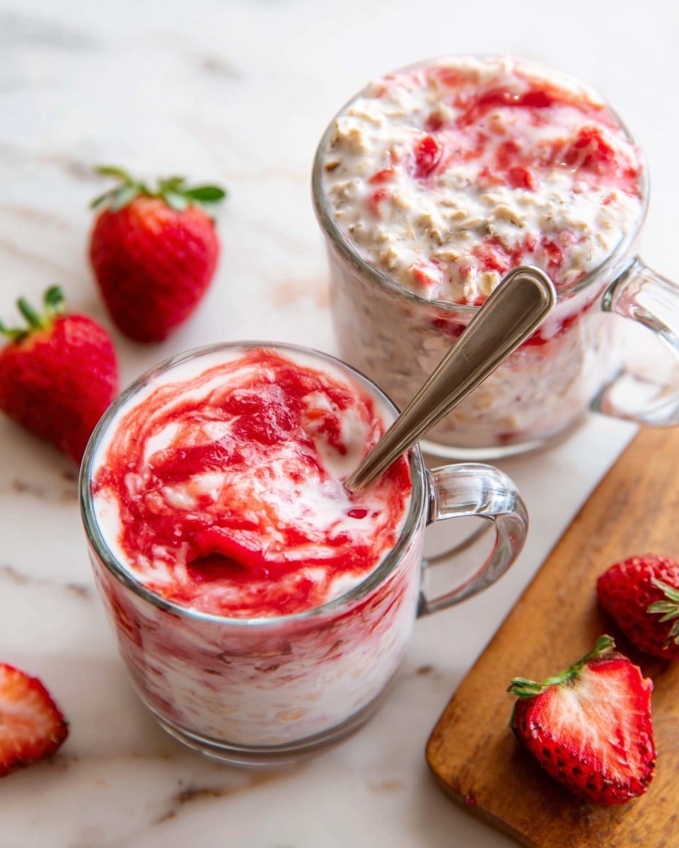 The image shows two clear glass cups with handles, each filled with a creamy mixture swirled with bright red strawberry sauce. The front cup has a smooth layer of thick white yogurt mixed evenly with vivid red strawberry sauce, creating a marbled texture on top. The back cup reveals a thicker, chunkier mixture with creamy white yogurt and beige oatmeal, streaked with red strawberry bits, while a spoon is partially dipped inside. Around the cups, fresh strawberries rest on a white marbled surface, including a whole strawberry on the top left and half a strawberry on the bottom right on a small wooden board. Photo taken with an iphone --ar 4:5 --v 7