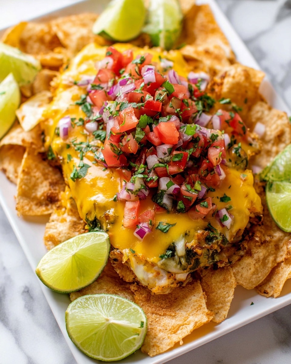 The dish is served in a white rectangular plate on a white marbled surface. The bottom layer is crunchy light brown tortilla chips spread out evenly. On top of the chips, there is a layer of cooked food with green herbs visible, covered by a smooth, melted yellow cheese layer. The final top layer is a colorful salsa mix made of chopped red tomatoes, green peppers, purple onions, and fresh green herbs. Lime wedges with bright green skin and light green inside are placed around the plate. The photo taken with an iphone --ar 4:5 --v 7