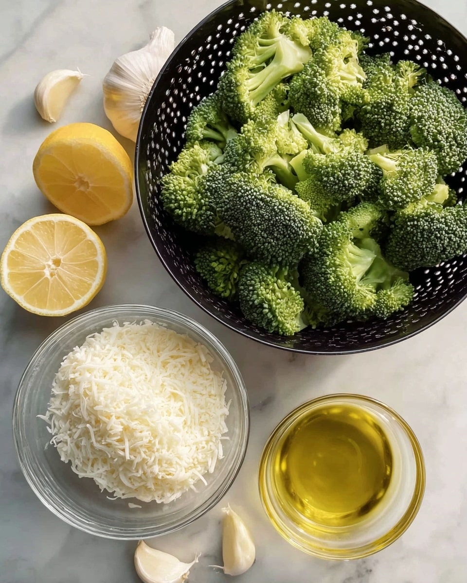 The image shows fresh broccoli florets in a black perforated bowl at the top right, with their vibrant green color and texture visible. Below the bowl, there is a clear glass bowl filled with finely grated white cheese, showing a soft and fluffy texture. To the right of the cheese, there is another small clear glass bowl with a golden yellow liquid, likely olive oil, smooth and shiny. At the bottom left corner, two lemon halves display bright yellow color and juicy texture, along with two pale garlic cloves near them. All items are on a white marbled surface. Photo taken with an iphone --ar 4:5 --v 7
