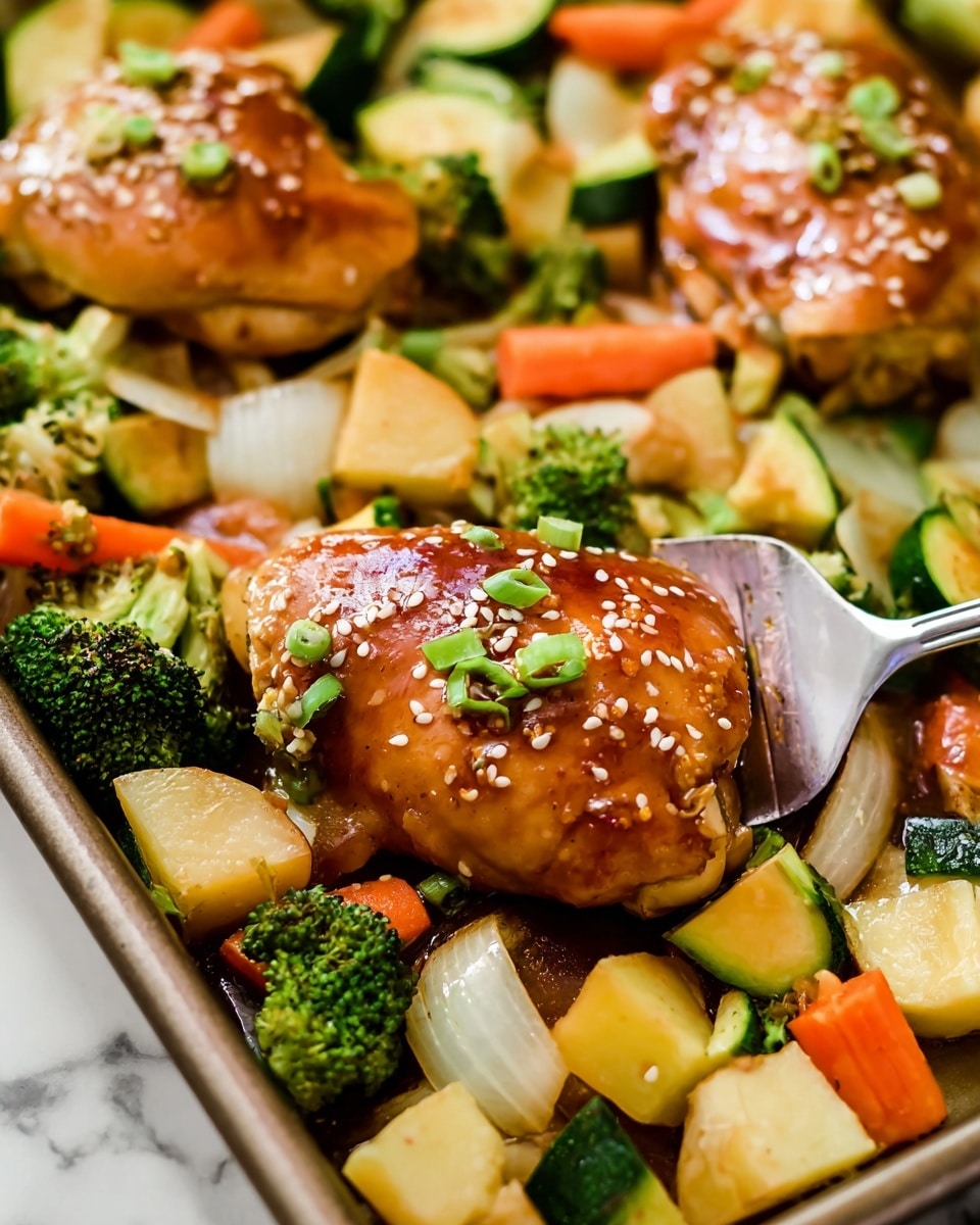 The image shows two shiny, glazed chicken pieces with a light brown color, topped with small white sesame seeds and chopped green onions. They lay on a tray filled with mixed vegetables including bright green broccoli, dark green zucchini cubes, orange carrot slices, light yellow potato chunks, and white onion pieces. A metal spatula is sliding under one chicken piece, hinting that it is being served. The whole scene is presented over a white marbled surface. photo taken with an iphone --ar 4:5 --v 7