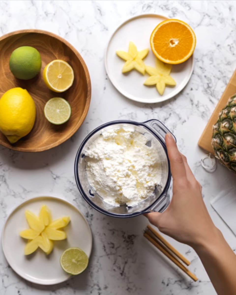 A woman's hand is holding a white bowl filled with white cottage cheese above a clear blender container. To the left, there is a round wooden bowl on a white plate, both on a white marbled surface; inside the bowl are a whole lemon, a lemon slice, and two yellow star fruit pieces. On the right side, there are whole and sliced fruits including orange, lime, star fruit, and pineapple on the white marbled texture. Two wooden sticks lie on the right side near the fruits. photo taken with an iphone --ar 4:5 --v 7