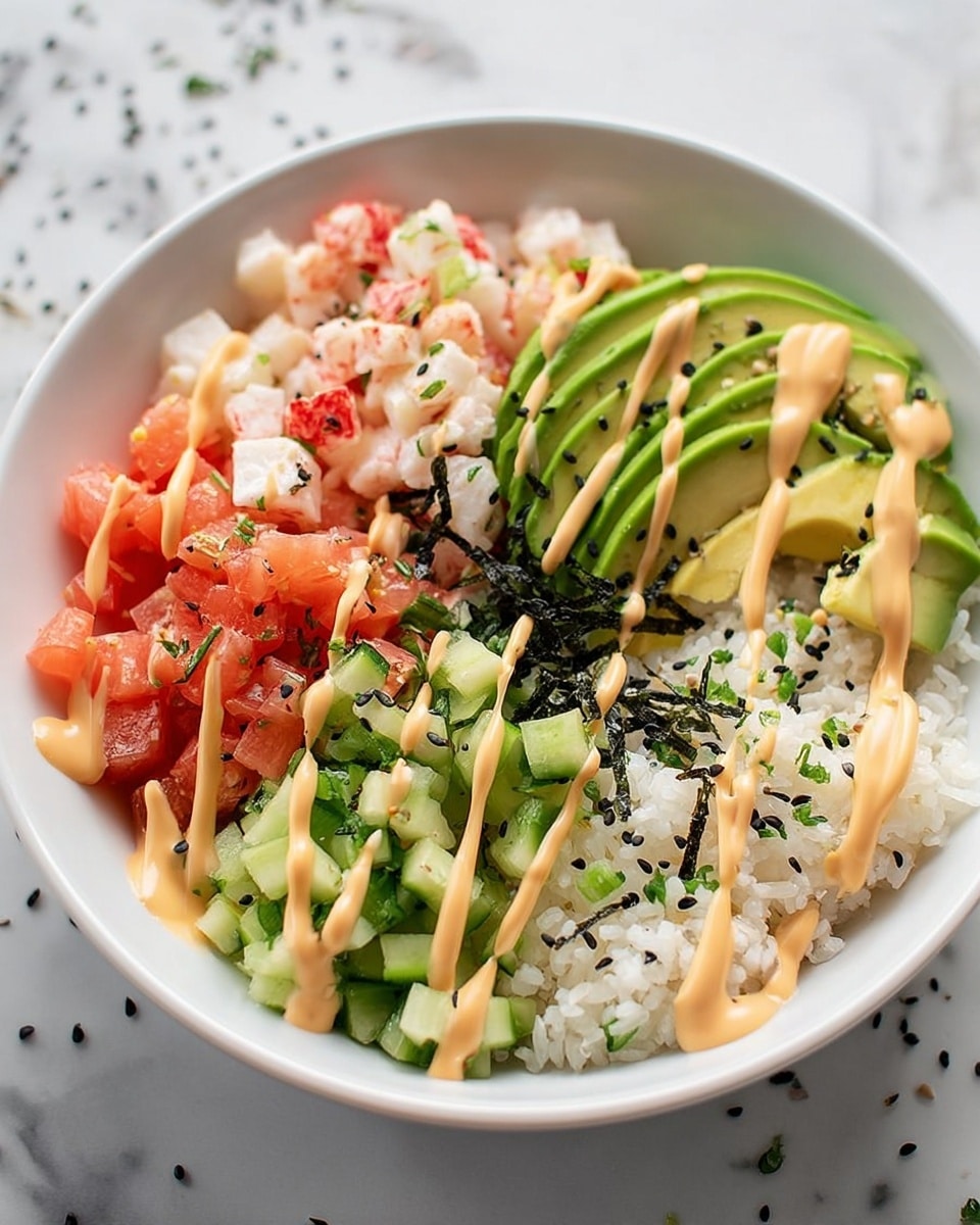 A white bowl filled with four main layers arranged side by side: diced light red and white crab sticks on the top left, sliced green avocado on the top right arranged like a fan, small chopped bright green cucumber pieces on the bottom left, and white seasoned rice with green herbs and black sesame seeds on the bottom right. The entire bowl is drizzled with a light orange creamy sauce. The background features a white marbled surface with scattered black sesame seeds. Photo taken with an iphone --ar 4:5 --v 7
