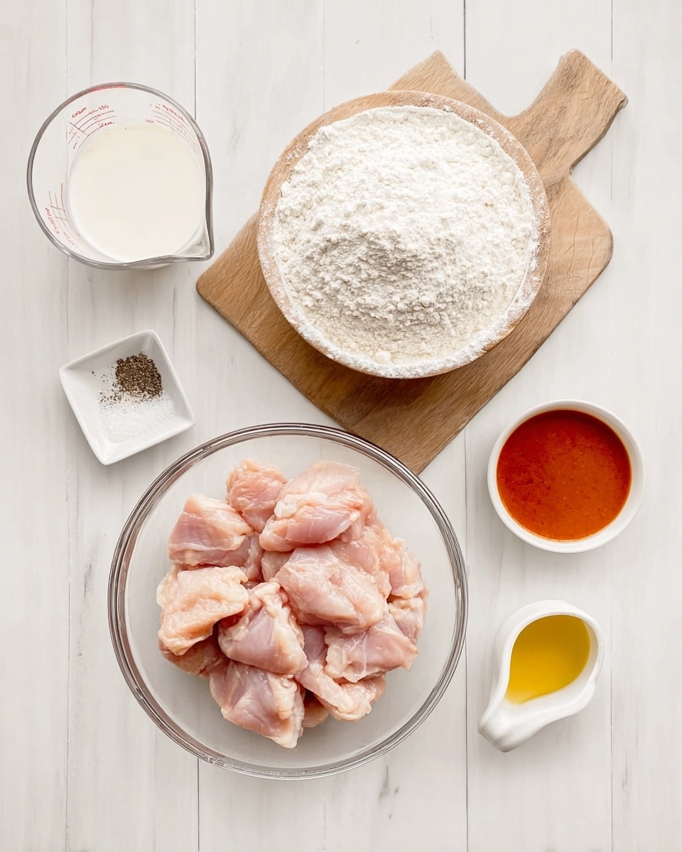 On a white marbled surface, there is a clear bowl filled with raw, light pink chicken pieces in the center bottom of the image. Above it and slightly to the right sits a large clear bowl filled with white flour on a small wooden board. Near the wooden board on the left is a clear measuring cup filled with white liquid, likely milk or cream. To the bottom left of the chicken bowl, there is a small white square dish containing salt and black pepper. A small white round dish with yellow oil is placed near the salt and pepper dish. On the bottom right, there is a small white round pitcher holding a reddish-orange sauce. The overall layout is neat and clean, photographed from above. Photo taken with an iphone --ar 4:5 --v 7