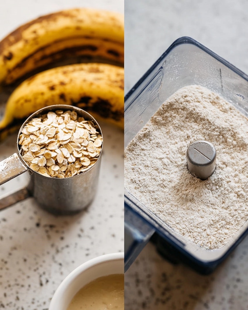 The image on the left shows a close-up of a half cup metal measuring cup filled with dry oats held above a white marbled surface. In the background, there are two ripe bananas with dark spots, and a white bowl containing a creamy beige mixture, likely oatmeal or porridge, on the same white marbled surface. The image on the right shows the top view inside a blender container with metal blades, which contains finely ground oat flour, light beige in color, sitting on a white marbled surface. Photo taken with an iphone --ar 4:5 --v 7