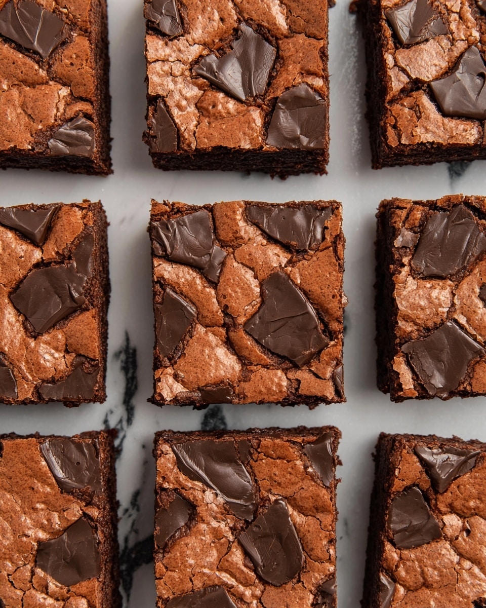 Nine square chocolate chip brownies are arranged closely on a white marbled surface with visible cuts between each piece. Each brownie has a smooth, slightly cracked light brown top layer with scattered large, dark brown chocolate chunks embedded evenly. The edges of the brownies show a slightly darker, firmer crust while the center looks soft. The dark chocolate pieces contrast with the lighter brown base, giving a rich, fresh-baked feel. Photo taken with an iphone --ar 4:5 --v 7