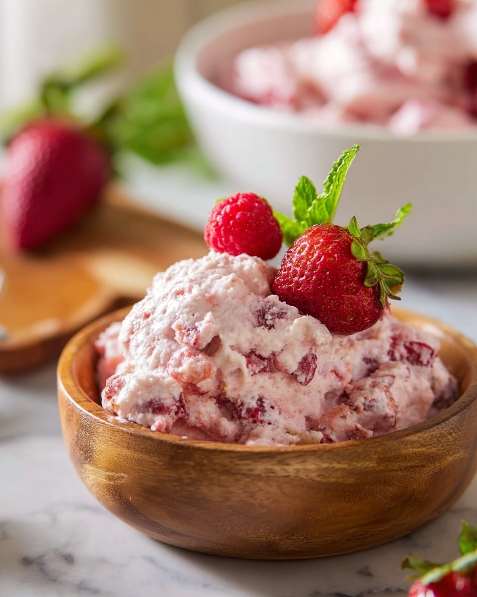 A white oval bowl filled with a thick, creamy pink mixture that has small bits of red fruit throughout. On top, there is a small cluster of whole red raspberries and one strawberry sliced in half with green leaves for decoration. The bowl sits on a wooden cutting board placed on a white marbled surface with a blue and white striped cloth partially underneath the board. To one side of the cutting board, there are whole strawberries scattered on the white marbled surface, and a white container of cottage cheese with a blue lid is also visible near the bowl. Photo taken with an iphone --ar 4:5 --v 7