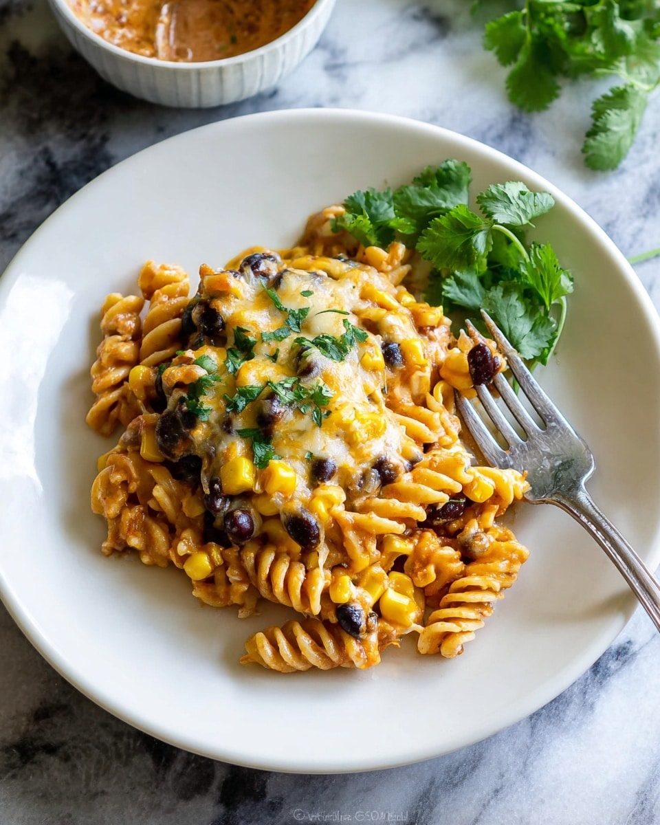 A white plate with a close-up of a pasta dish featuring two layers: the bottom layer is spiral pasta mixed with yellow corn and black beans, and the top layer is melted cheese sprinkled with chopped green herbs. On the right side of the plate, there is a small bunch of fresh green cilantro. A silver fork is placed on the right side, with the tines partly inserted into the pasta. The plate is set on a white marbled surface, and in the background, a small bowl with a brownish sauce is slightly visible. photo taken with an iphone --ar 4:5 --v 7