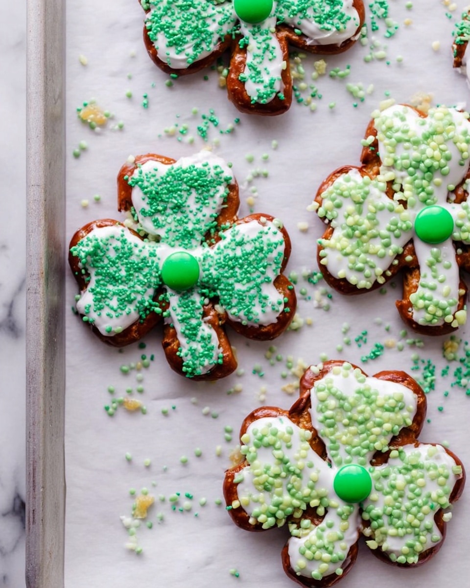 The image shows four pretzels shaped like three-leaf clovers on a white parchment paper lined baking tray with a white marbled texture surface. Each pretzel has a base of brown and is covered with a layer of white icing. Two clovers have green sugar sprinkles spread evenly over the icing, each with one larger round green candy in the center. The other two clovers have a mix of small light green and round green sprinkles scattered on the white icing, also with one larger round green candy in the center. Some extra green sprinkles and sugar are sprinkled around the pretzels on the paper. photo taken with an iphone --ar 4:5 --v 7