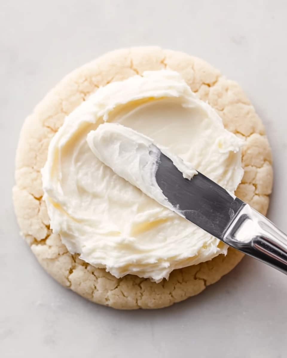 A close-up view of a single round cookie with a pale beige, slightly cracked surface, showing a soft and slightly crumbly texture. On top, there is one thick layer of smooth, creamy white frosting being spread evenly with a shiny silver butter knife. The background is a white marbled texture. photo taken with an iphone --ar 4:5 --v 7