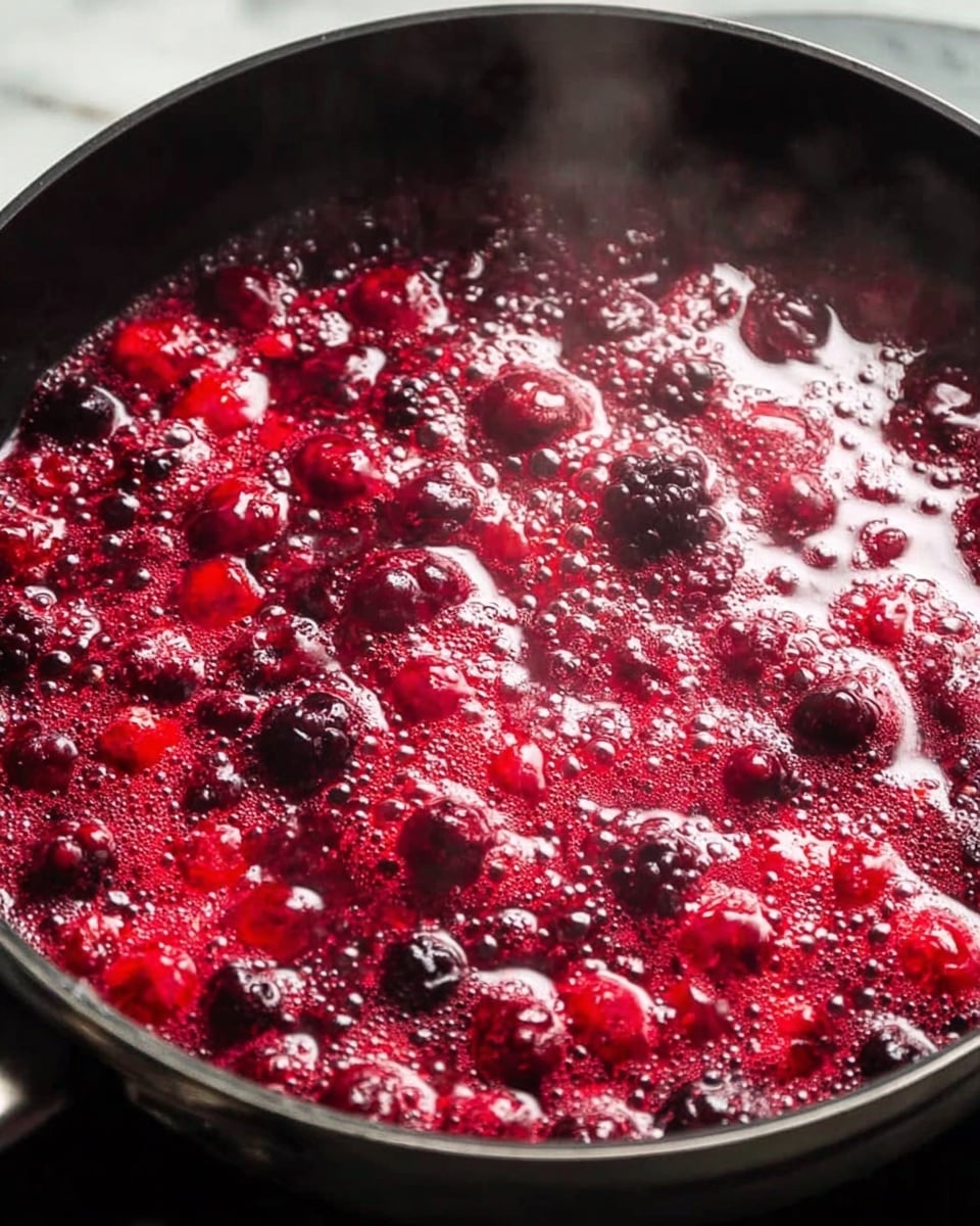 A close-up view of a black pan filled with bright red and deep purple berries boiling in liquid, with many bubbles and steam rising from the surface. The berries appear soft and juicy, with a mix of whole and slightly broken pieces floating in the thick, bubbling syrup. The pan rim is smooth and dark, contrasting with the vibrant red of the boiling mixture. The background shows a white marbled surface barely visible around the dark pan’s edge. photo taken with an iphone --ar 4:5 --v 7