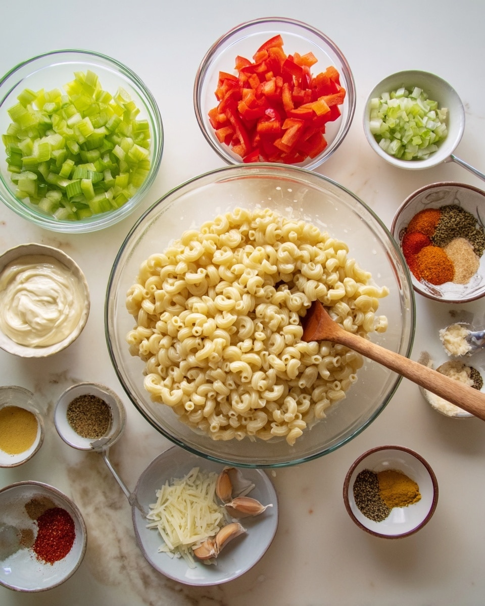 A large clear glass bowl filled with cooked elbow macaroni sits in the center, with a wooden spoon inside it. Surrounding the bowl are multiple small white plates and bowls with different ingredients: chopped green celery in a clear glass bowl, chopped red bell peppers in a clear glass bowl, chopped green onion in a clear glass bowl, a metal measuring cup filled with creamy white mayonnaise, and small bowls containing colorful seasonings and sauces like mustard, minced garlic, and various spices. All the bowls and plates are placed on a white marbled surface. Photo taken with an iphone --ar 4:5 --v 7
