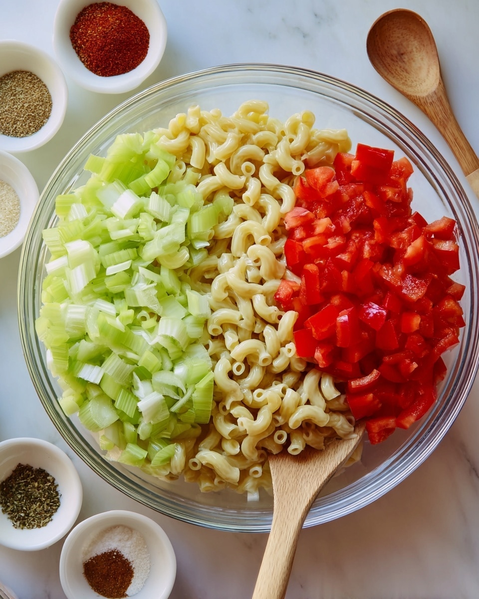 A clear glass bowl is filled with three main layers of ingredients placed side by side: on the left, light green thinly sliced celery pieces with a slightly curved and crunchy texture; in the middle, small pale yellow elbow macaroni forming a soft, smooth base layer; on the right, bright red chopped bell peppers with a shiny, fresh surface. A wooden spoon with a flat end is partially placed inside the bowl near the red bell peppers. Around the bowl, there are small white dishes with various spices and seasonings on a white marbled surface. Photo taken with an iphone --ar 4:5 --v 7